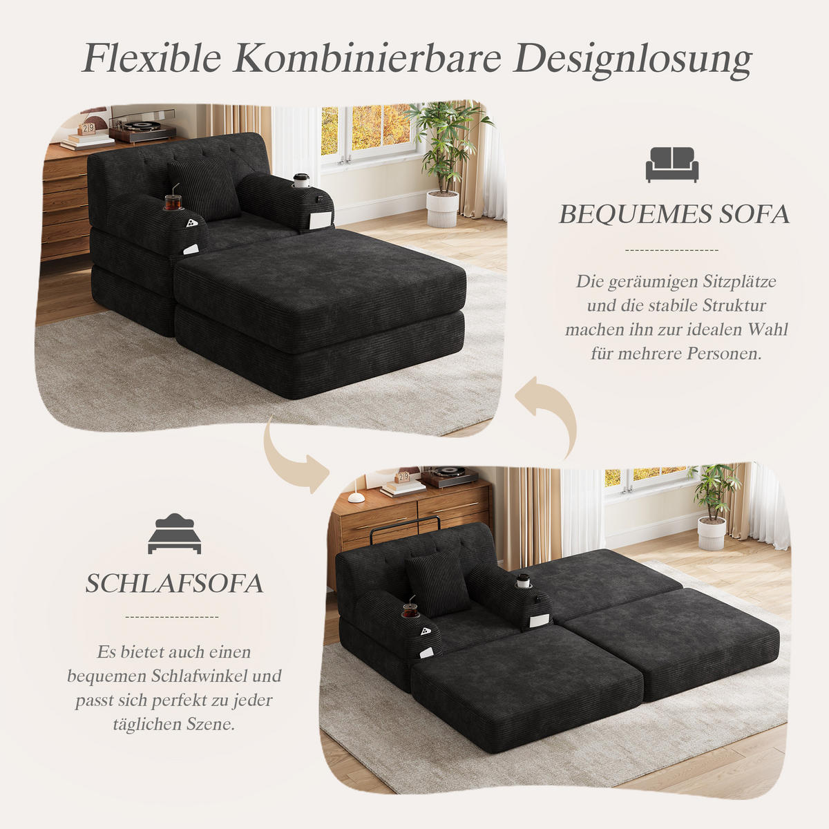 SCHLAFSOFA mit Hocker und Liegefunktion aus Cord mit Getränkehaltern - Schwarz, Textil (191/60/162cm) - EVRYAE