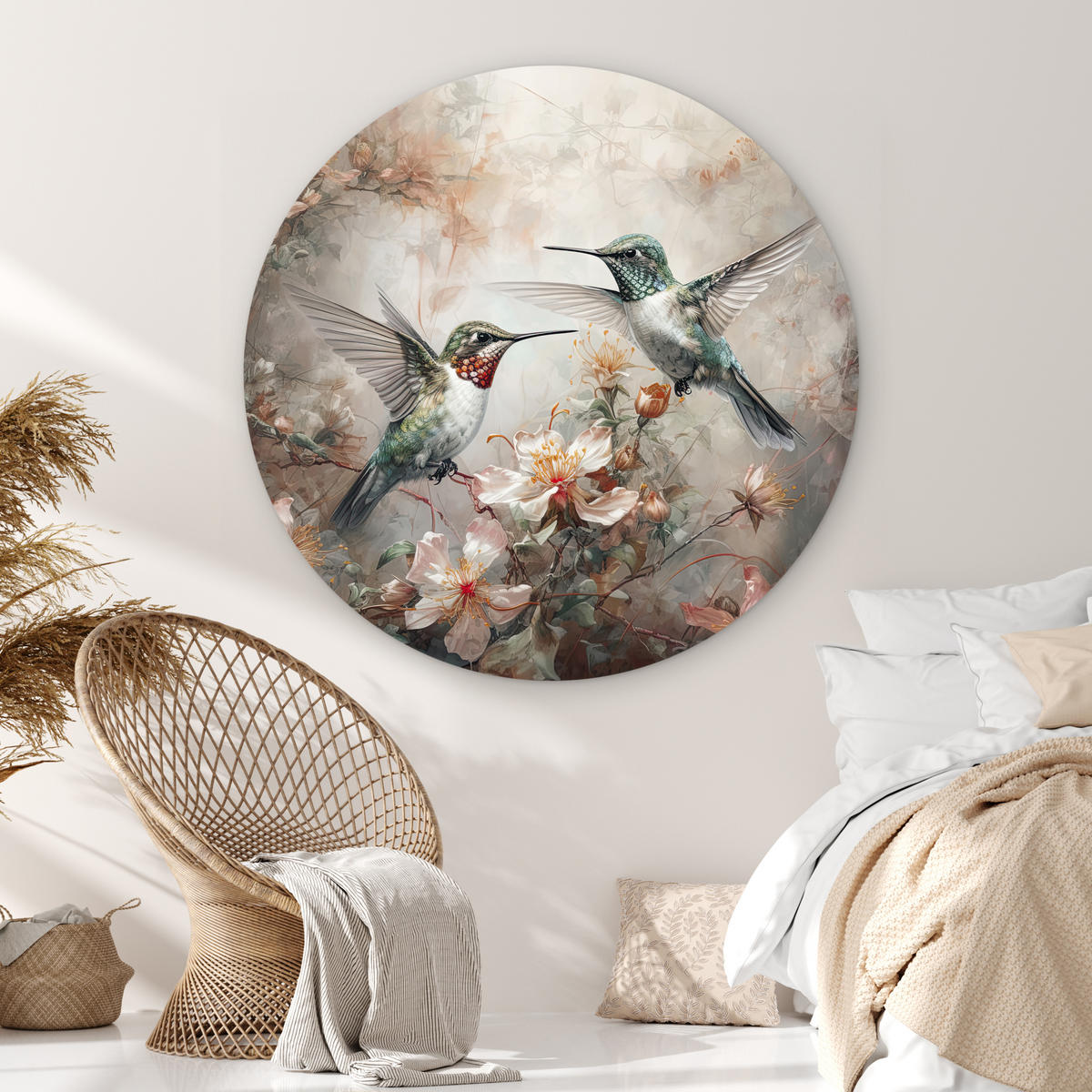 WANDBILD Kolibri - Vögel - Blumen - Pflanzen 150x150 cm - Hellgrün, Kunststoff (150/150cm) - MuchoWow
