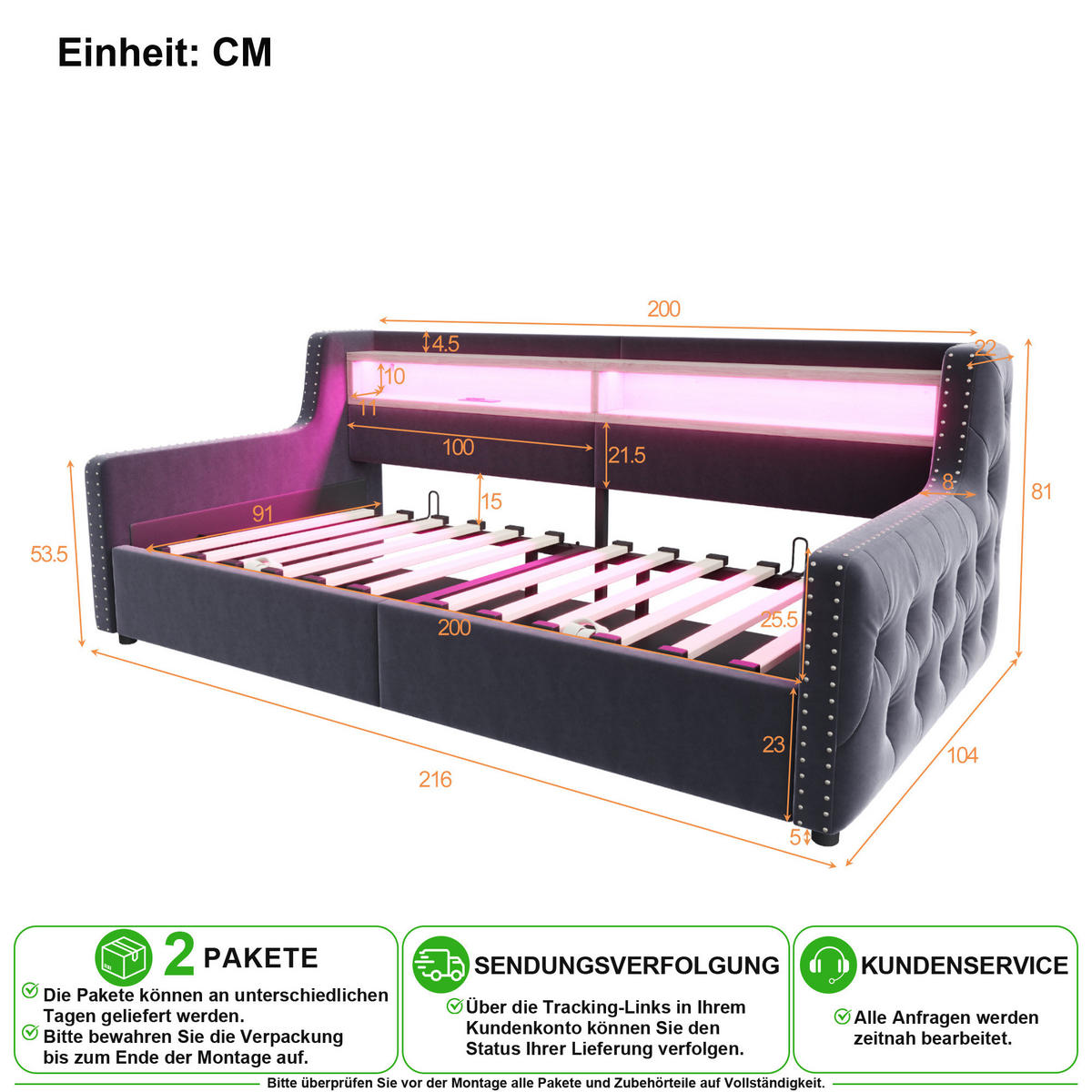 SCHLAFSOFA 90/200 cm in Dunkelgrau Samt mit Bettkasten, LED und USB - Dunkelgrau, Holzwerkstoff/Textil (90/200cm) - CHICFURN