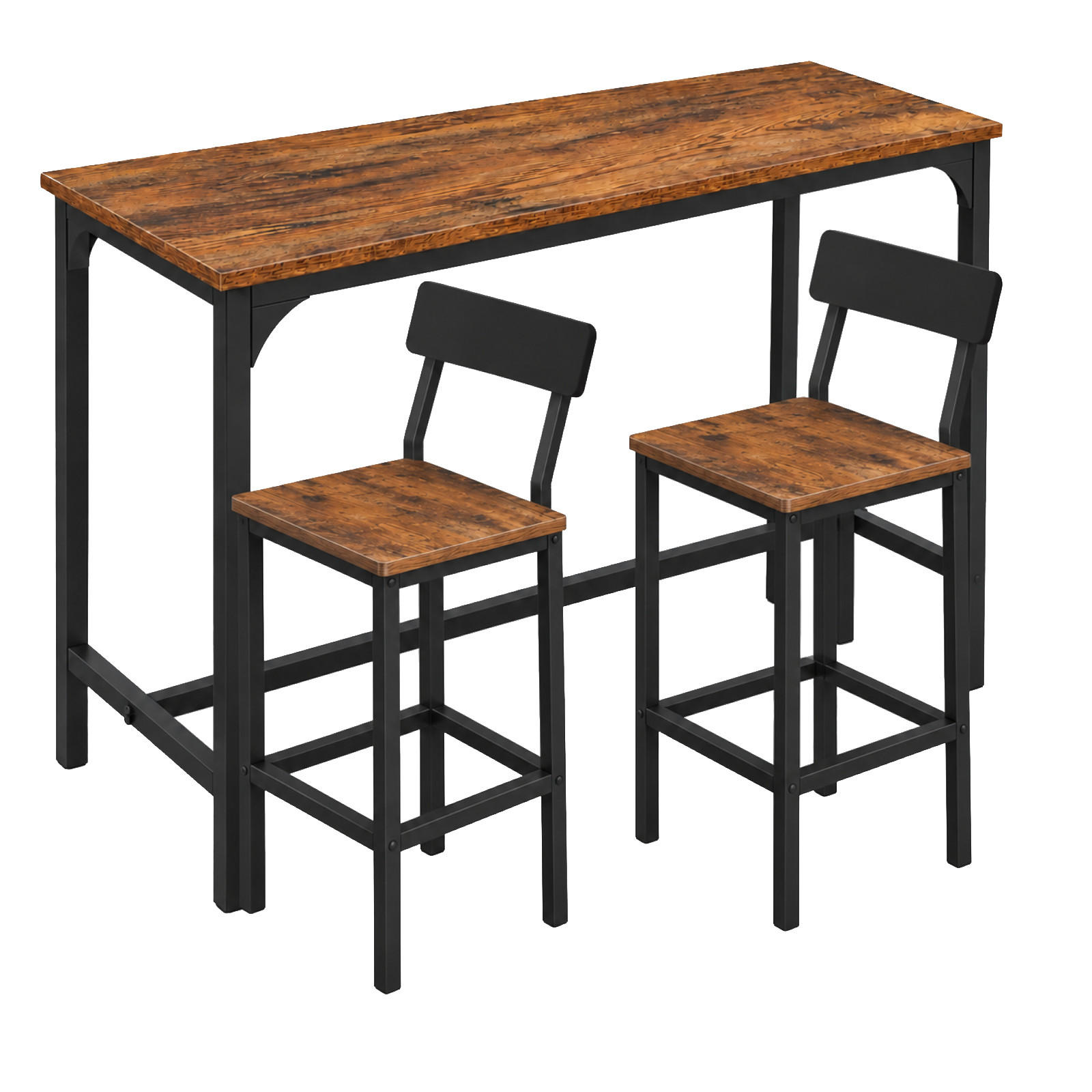 BARTISCH mit 2 Barstühlen mit Rückenlehne 3-teiliges Set Industrial Rustikal Braun Schwarz 108x50x90 cm - Dunkelbraun/Schwarz, Holzwerkstoff/Metall (108/90/50cm) - Begryf