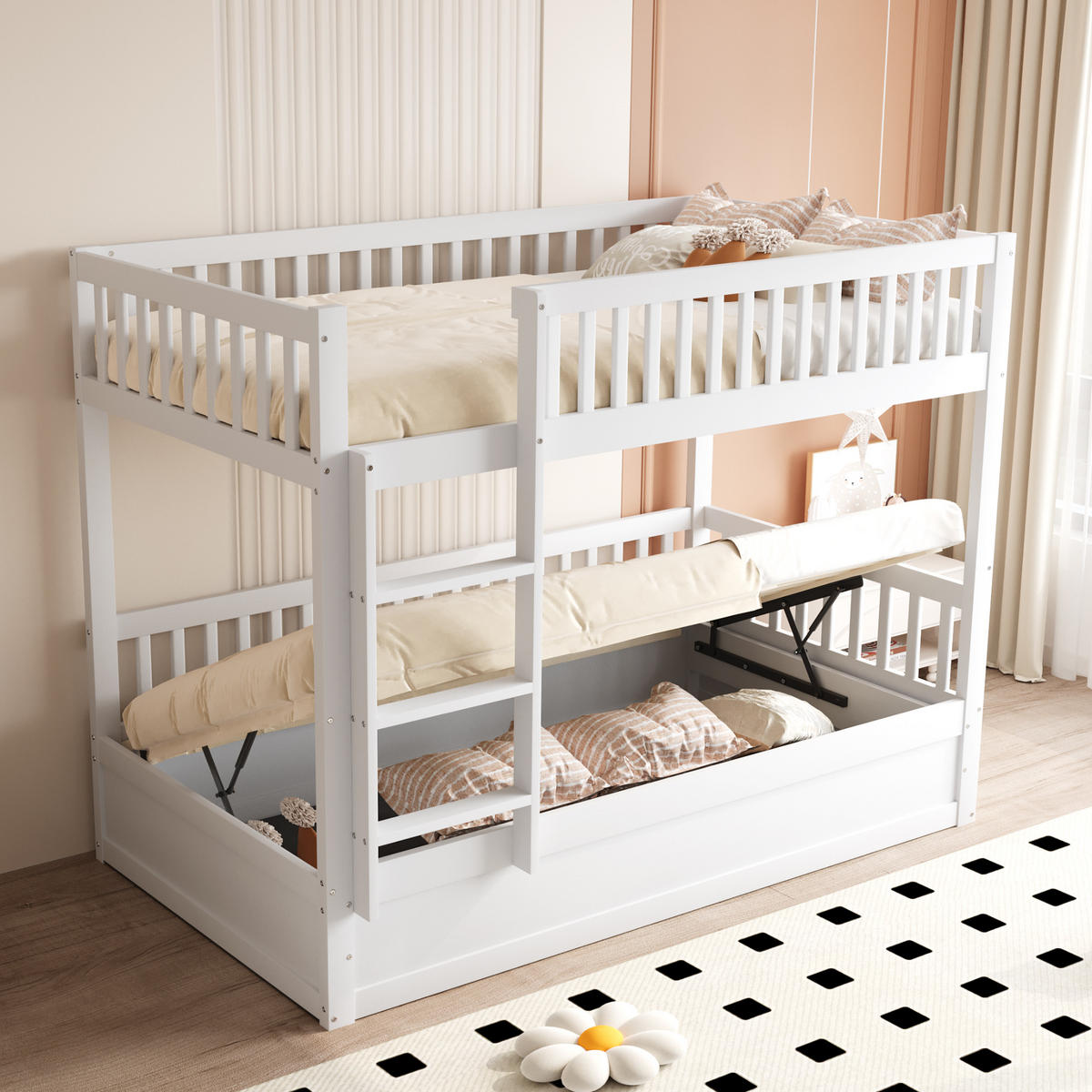 ETAGENBETT 90x200 cm aus Massivholz mit Hydraulik-Lagersystem - Weiß - Weiß, Holz (90/200cm) - KOMHTOM