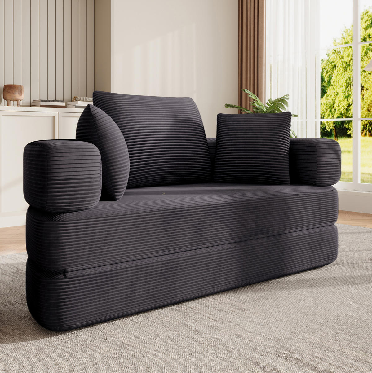 SOFABETT 2-in-1 173 x 176 cm Schwarz Cordstoff - Schwarz, Kunststoff (176/40/173cm) - Meubliv