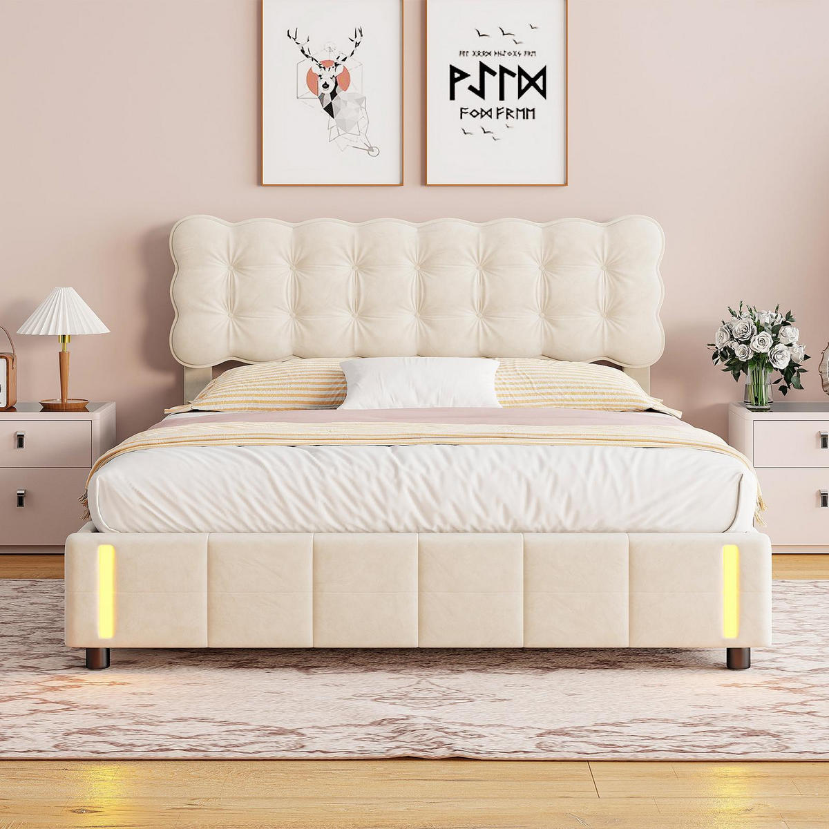 POLSTERBETT mit Bettkasten 140/200 cm, mit Induktions-LED, lattenrost aus holz, Beige - Beige, Holzwerkstoff (140/200cm) - Brevoria