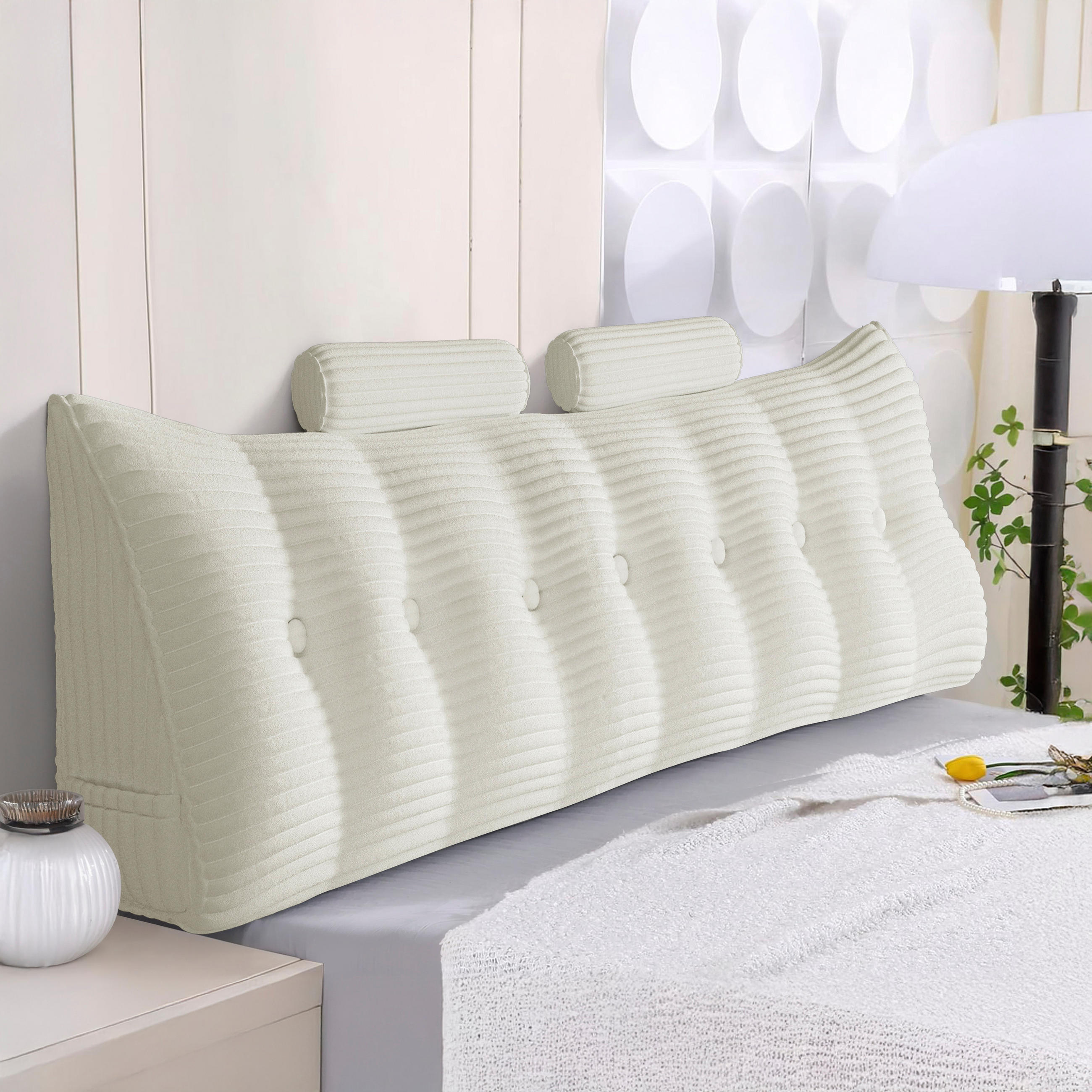 KEILKISSEN mit einem runden Kissen 3er-Set Gestreifter Samt Weiß 200cm - Weiß, Textil (20/200cm) - Vercart