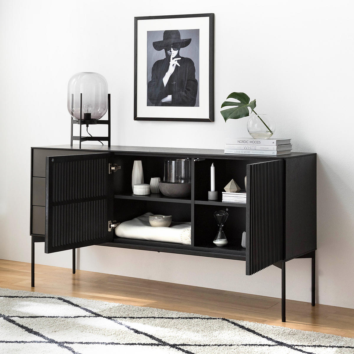 SIDEBOARD - Echtholzfurnier - Eiche Schwarz - Eichefarben/Schwarz, Holz/Holzwerkstoff (160/82/45cm) - home24