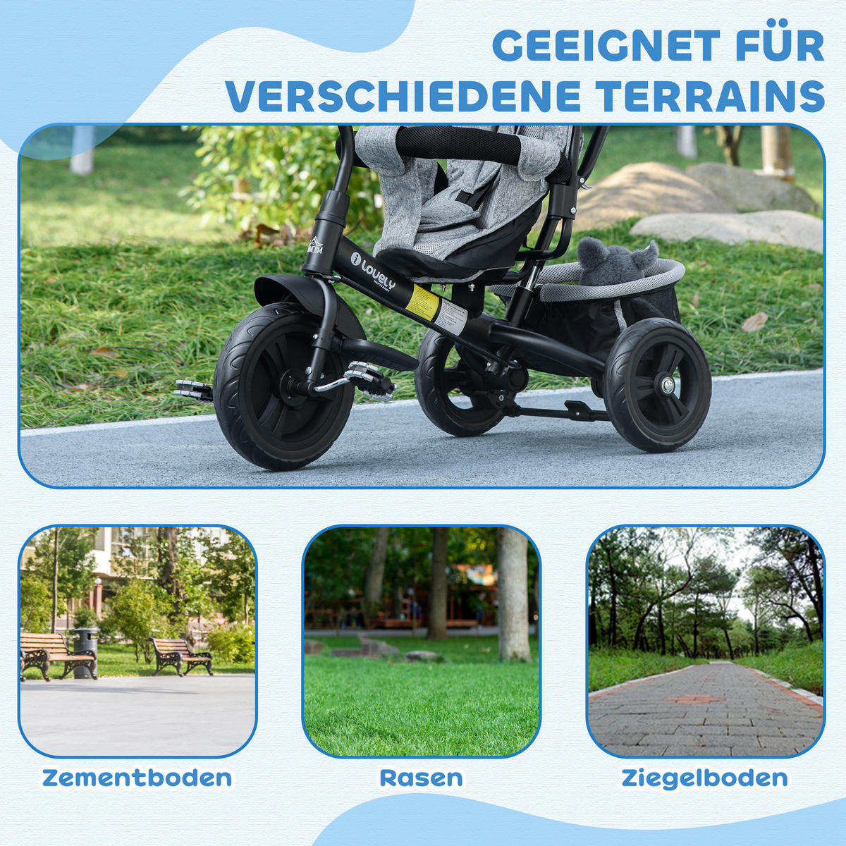 6-IN-1 Dreirad mit Schubstange, Kinderdreirad mit abnehmbarem Sonnendach - Grau, Metall (102/49/102cm) - HOMCOM