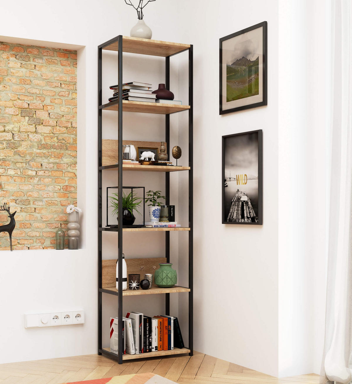 LOFT-REGAL Schwarz, Sonoma Eiche 50x192x32 cm - Schwarz/Sonoma Eiche, Holzwerkstoff/Metall (50/192/32cm) - Akord