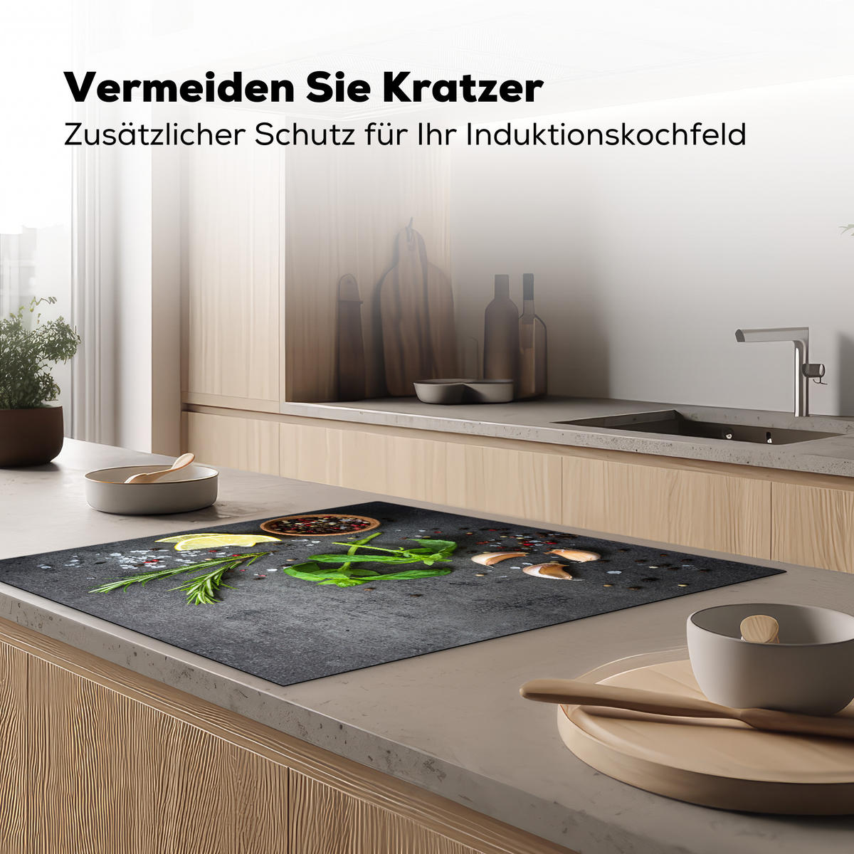 HERDABDECKPLATTE Limette - Kräuter - Gewürze - Grün - Grau - Beton Induktionsmatte 78x78 cm - Grün, Kunststoff (78/78/0.2cm) - MuchoWow