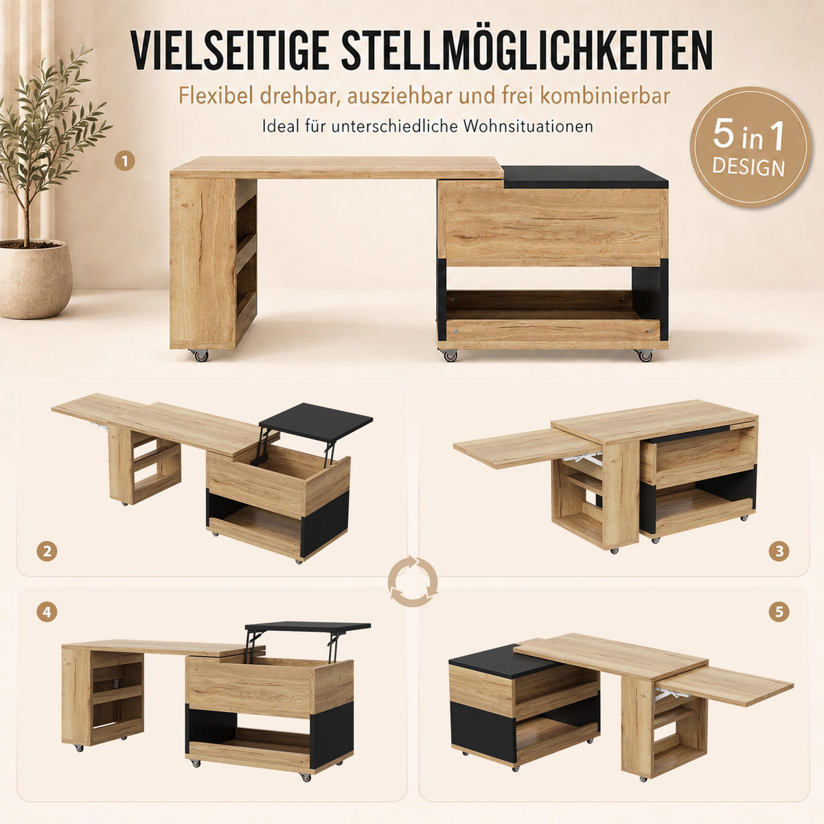COUCHTISCH 360° drehbar mit Liftfunktion, Stauraum/Rollen, ausziehbar, - Eichefarben/Schwarz, Holz/Kunststoff (50/120/55cm) - LVHOM