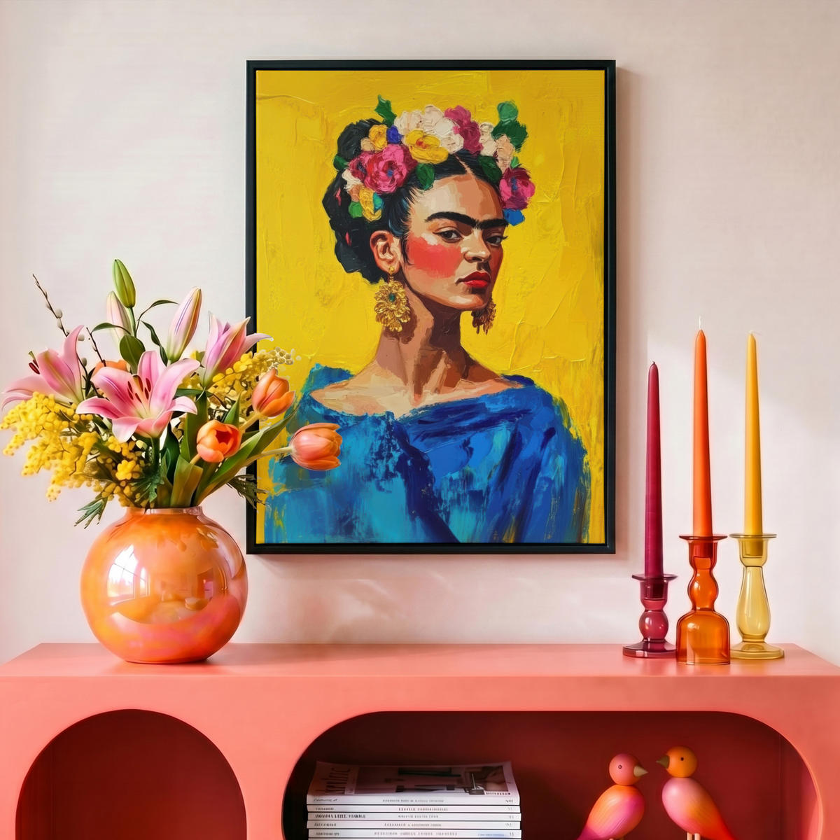 LEINWAND Bilder mit Rahmen - Frida Kahlo - Frau - Gelb - Blau - Blumen - 30x40 - Gelb, Textil (30/40cm) - MuchoWow