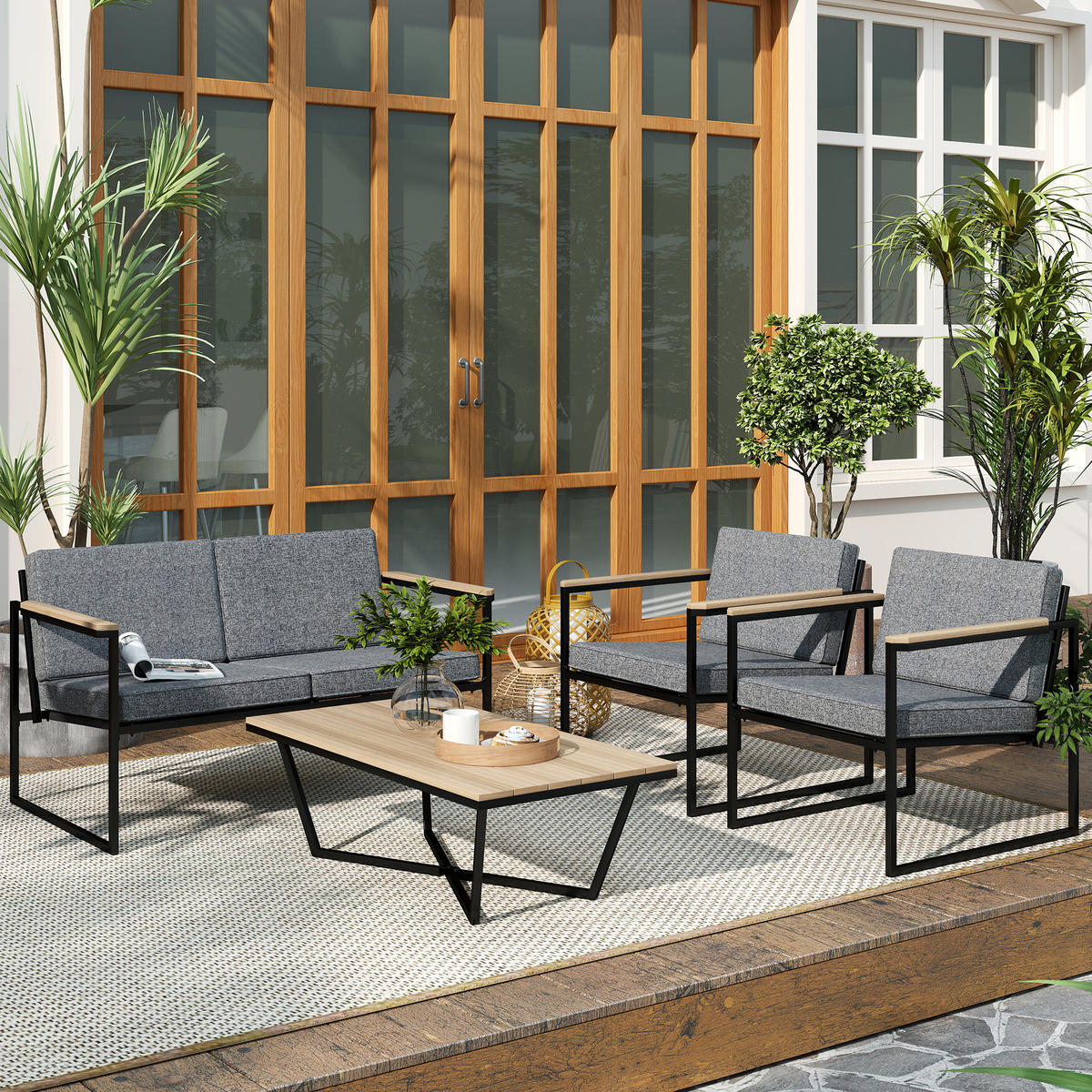 GARTENMÖBEL SET DE-06485 wetterfest, 2er Sofa, 2 Stühle, Beistelltisch Grau - Grau, Textil/Metall - ComfortXL