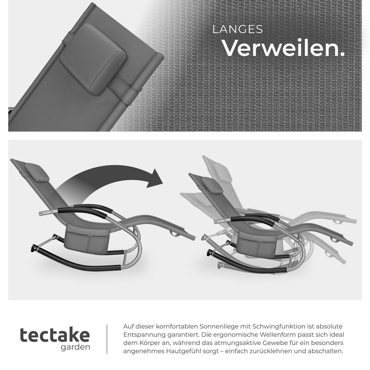 GARTENLIEGE Taya, abnehmbares Kopfpolster, seitliche Aufbewahrungstasche, grau - Grau, Kunststoff (62/92/142cm) - tectake