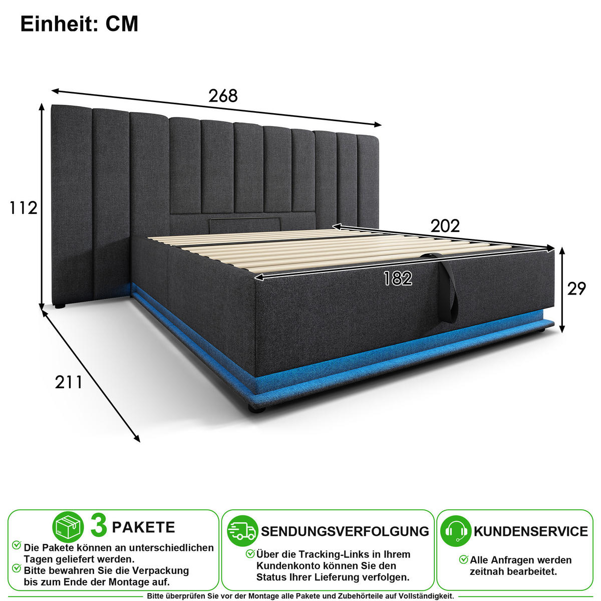 POLSTERBETT 180/200 cm in Grau mit Bettkasten, LED und USB Leinen - Grau, Holzwerkstoff/Textil (180/200cm) - CHICFURN