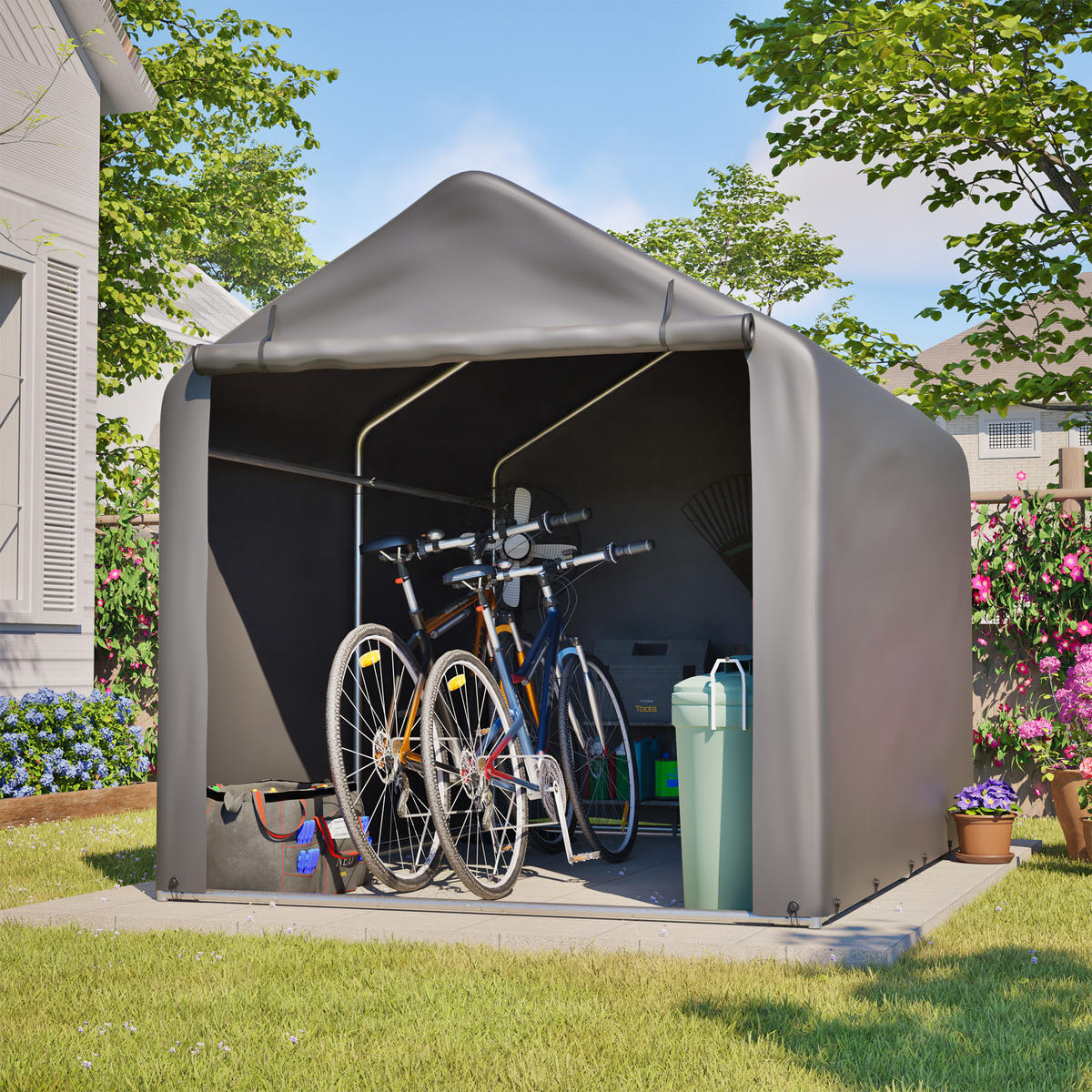 KLEINGARAGE aus Metall 160x220x165 cm Grau mit Rolltor - Grau, Metall (160/165/220cm) - Modfu