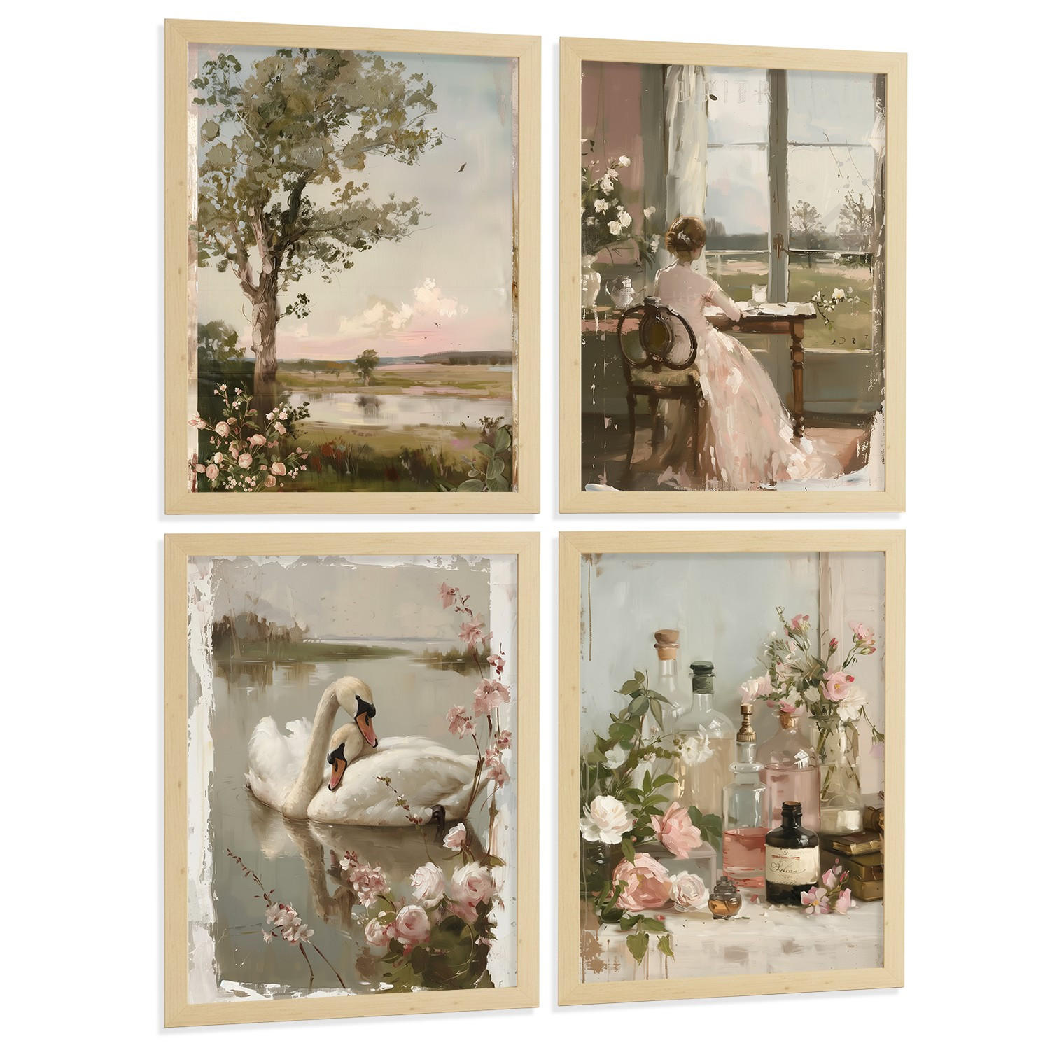 POSTER 4er Bilder-Set Wandbilder Rosen Ölmalerei modern Wohnzimmer Deko, Schlafzimmer, Küche, Badezimmer Rahmenlos A4 - Klar, Papier (29.7/1/21cm) - Nacnic