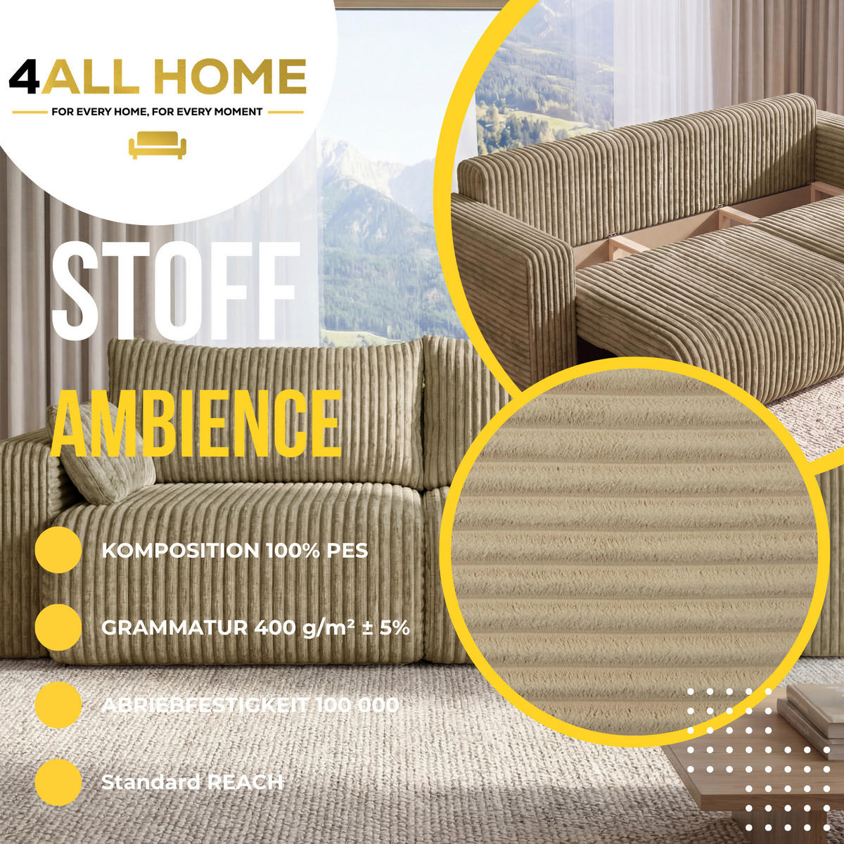 SOFA Kola mit Bettkasten und Schlaffunktion, Cordstoff - Beige, Holzwerkstoff (244/85/95cm) - 4ALL HOME