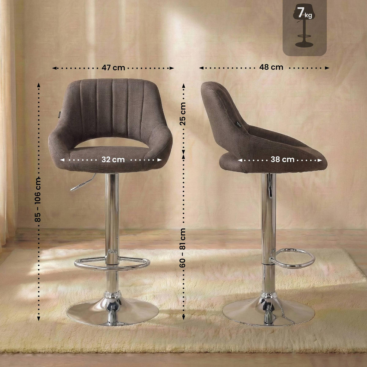 BARHOCKER Stoff braun - Chromfarben/Braun, Textil/Metall (47/85/48cm) - CLP