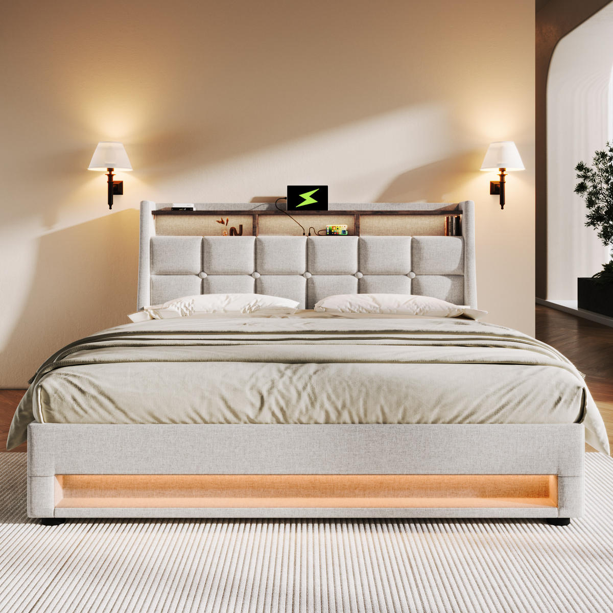 ČALOUNĚNÁ postel 140/200 cm světle béžová z lněné tkaniny s LED a USB úložným prostorem - béžová, textil (140/200cm) - OKWISH