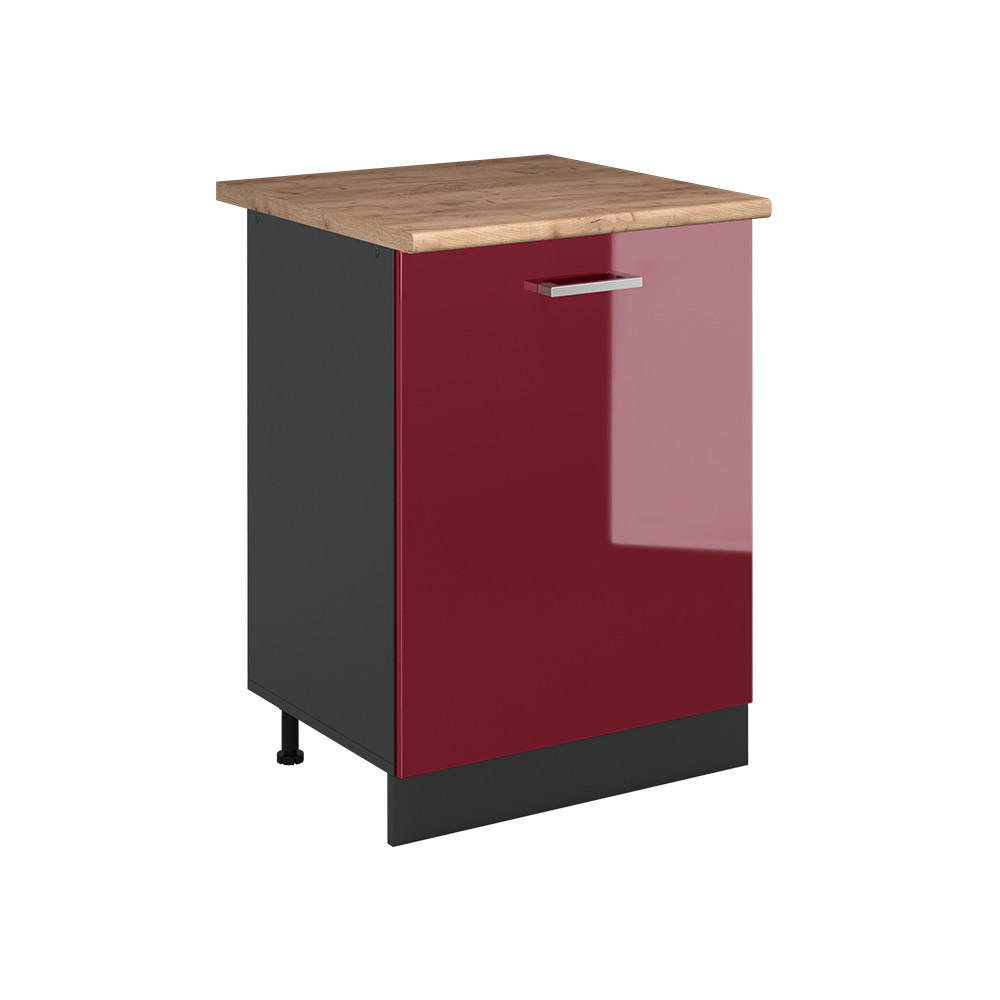 SPODNÍ SKŘÍŇKA KUCHYŇSKÉ LINKY R-Line, Červená vysoký lesk/Antracit, 60 cm s 1 dveřmi pracovná doska Dub Goldkraft - antracitová/červená, kompozitní dřevo (60/81.6/60cm) - Vicco