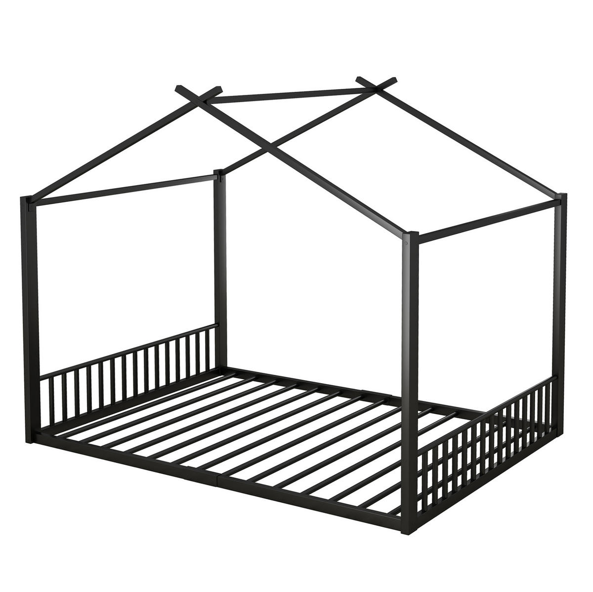 HAUSBETT aus Metall 140x200 cm Schwarz in Hausform mit stabilem Rahmen - Schwarz, Metall (140/200cm) - Modfu