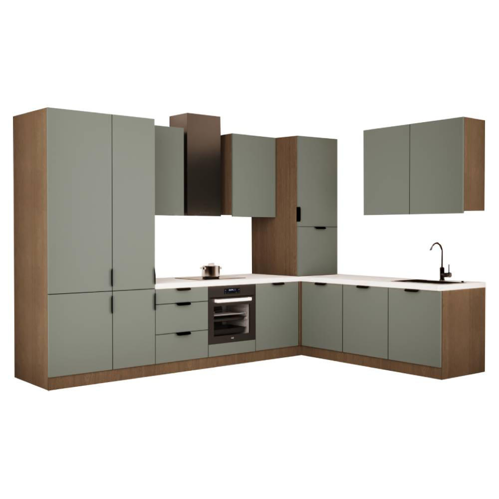 WINKELKÜCHE 340cm x 240cm - Sorento KS4-M340 - in Grün / Dunkle Eiche - Eichefarben/Schwarz, Holz (580/247/58cm)