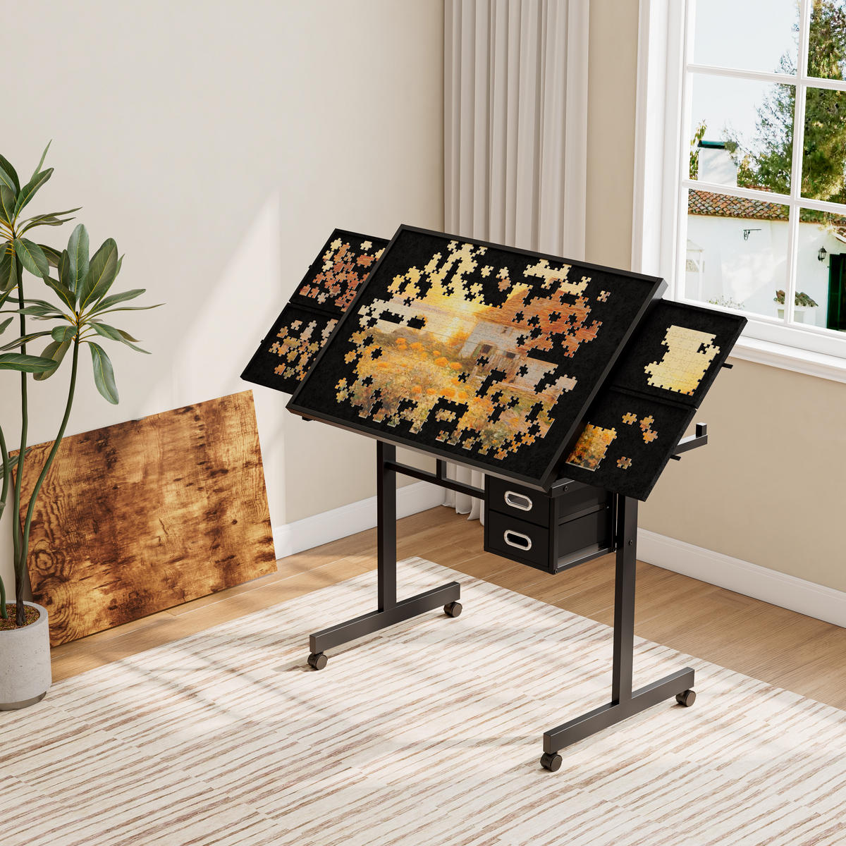 ARBEITSTISCH Schwarz 90/60/80 cm mit 6 Schubladen Rollen und Abdeckung - Schwarz, Holzwerkstoff (60/90/80cm) - PANGIVO