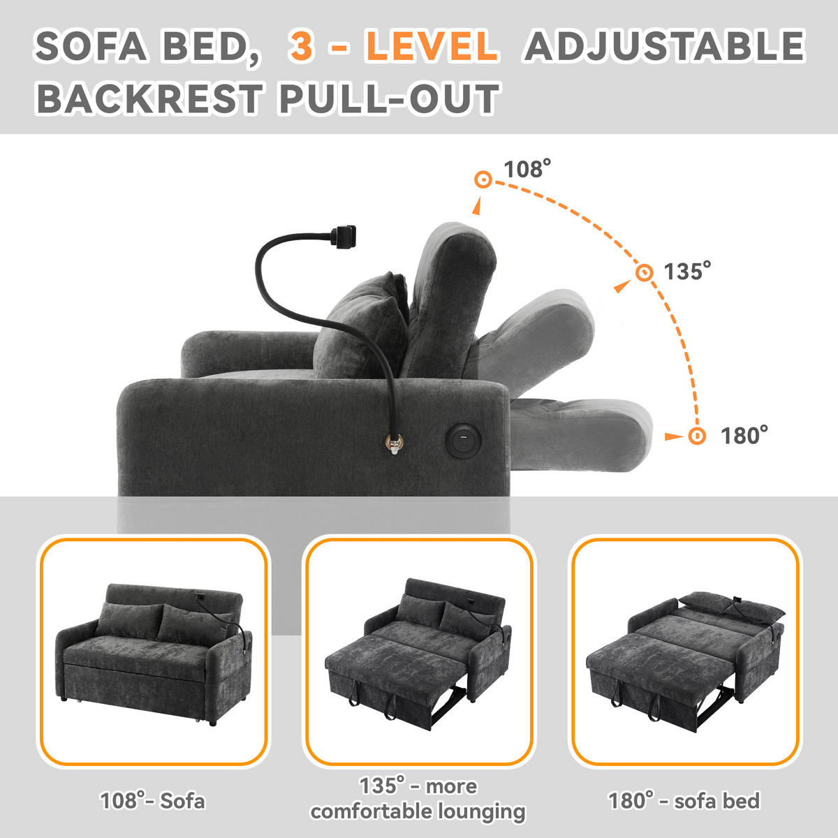 SCHLAFSOFA DE-33181 Doppel mit USB und Handyhalter Grau - Grau, Metall (129/81/76cm) - ComfortXL