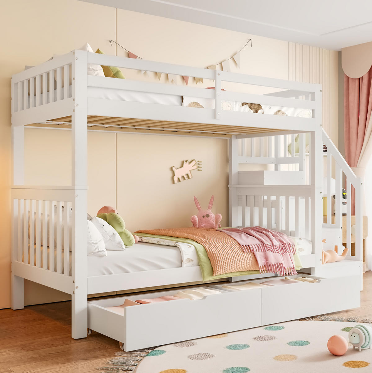 ETAGENBETT aus Kiefernholz und MDF 90x200 cm Weiß mit Treppenregal, 2 Schubladen und hohem Sicherheitsgeländer - Weiß, Holzwerkstoff (90/200cm) - Modfu