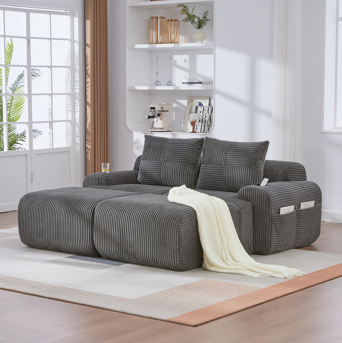 SOFA modular 2-Sitzer 200 x 174 cm Cord Dark Gray - Dunkelgrau, Kunststoff (174/80/200cm) - Meubliv