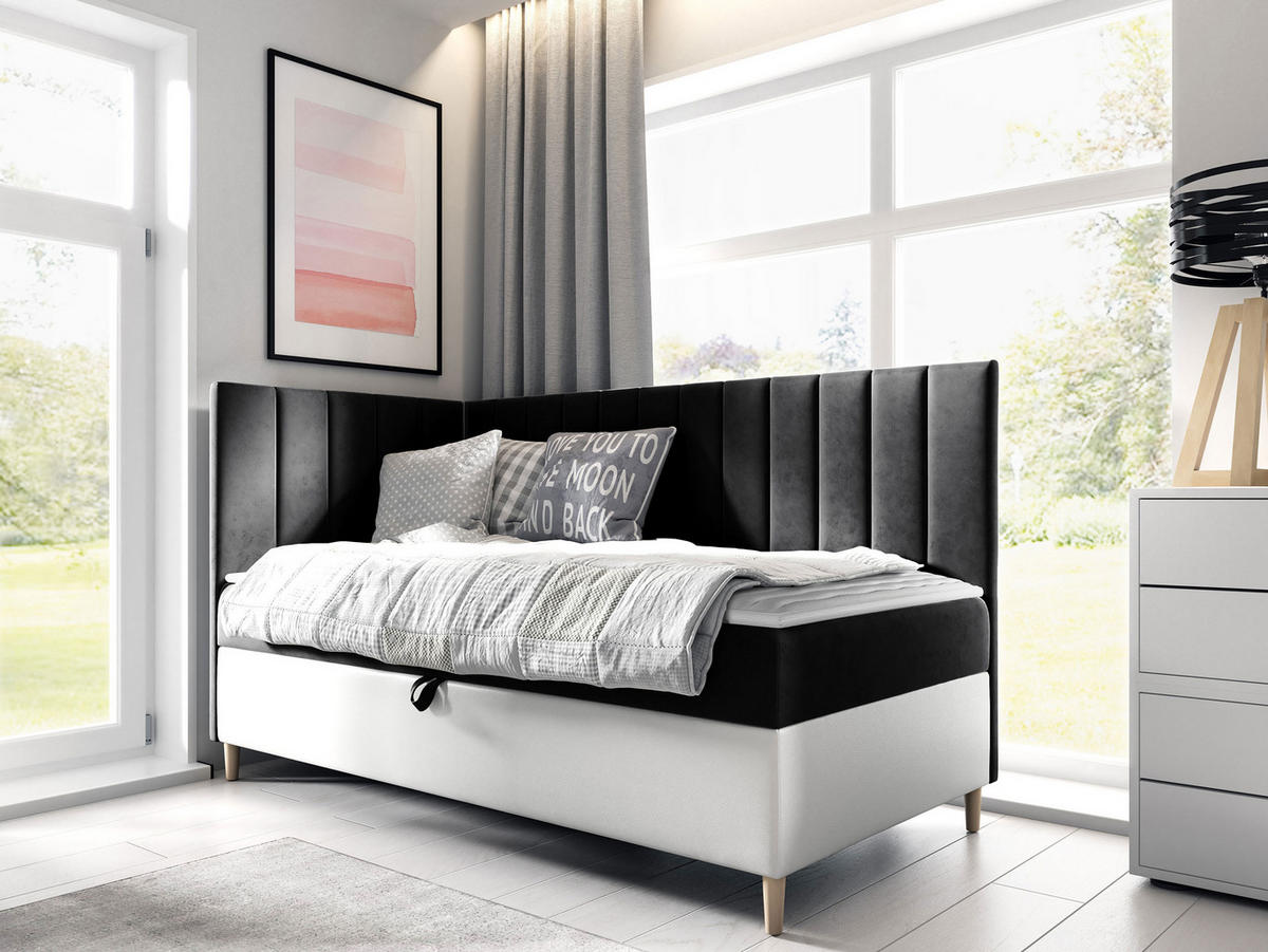 BOXBETT Maja Junior 3, Seite zum Öffnen des Bettkastens: Links - Schwarz/Weiß, Holz (90/200cm) - MIRJAN24