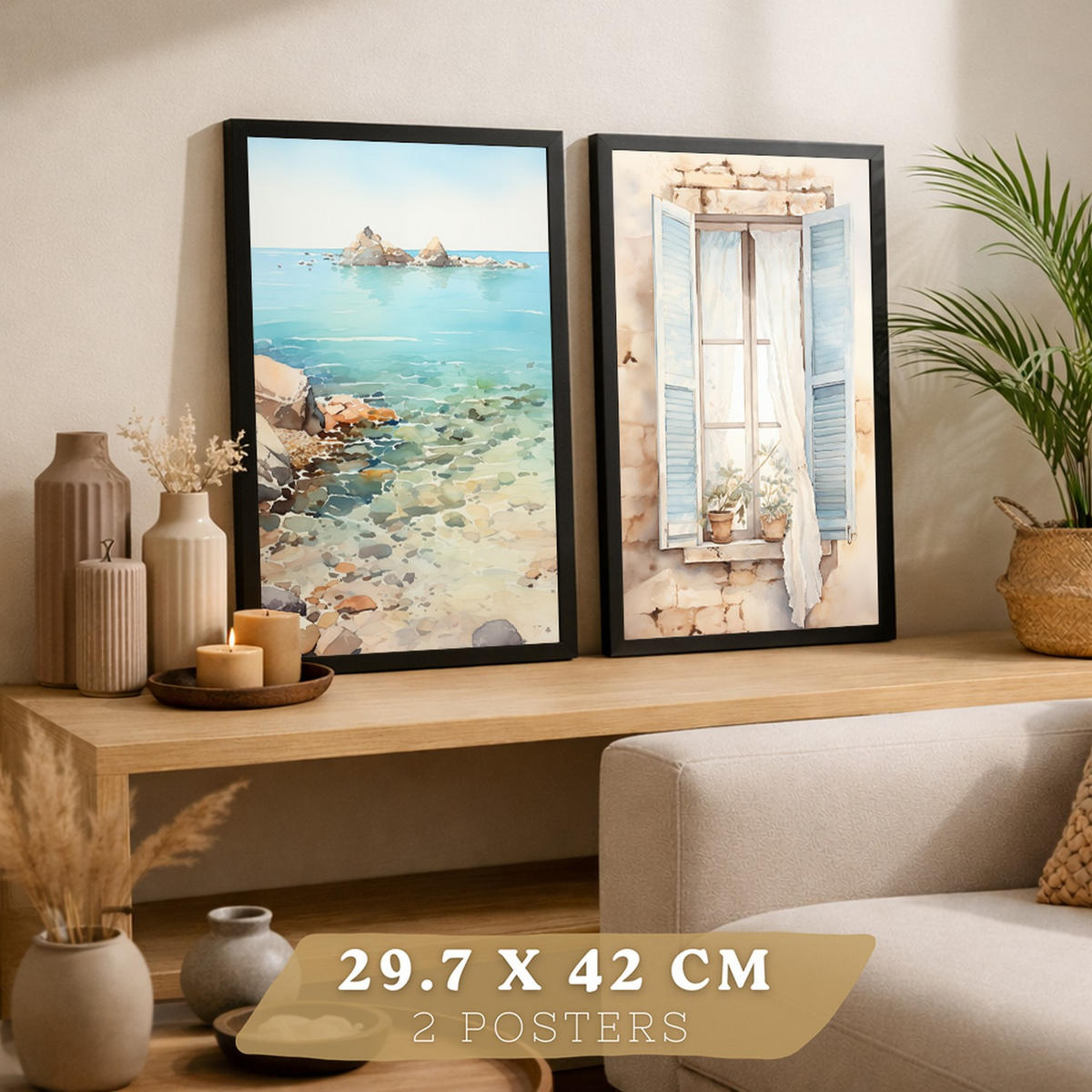 PLAKAT Sada 2 Tyrkysová voda A3 Černý rám - černá, papír (29.7/1/42cm) - Nacnic