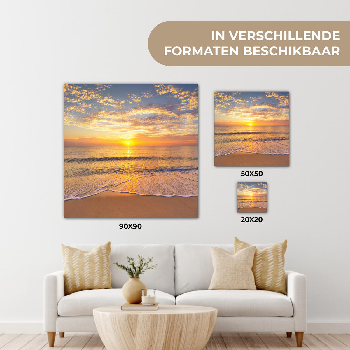 LEINWANDBILD Strand - Sonnenuntergang - Meer Deko Groß 90x90 cm - Gelb, Textil (90/90cm) - MuchoWow