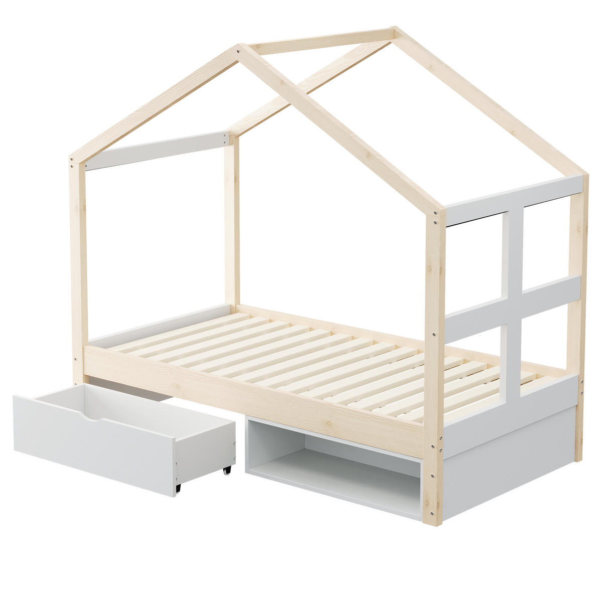 HAUSBETT 90/190 cm DE-01554, in Holzfarbe, mit Schubladen, Schuhschrank und LED-Beleuchtung - Naturfarben, Holzwerkstoff (90/190cm) - ComfortXL