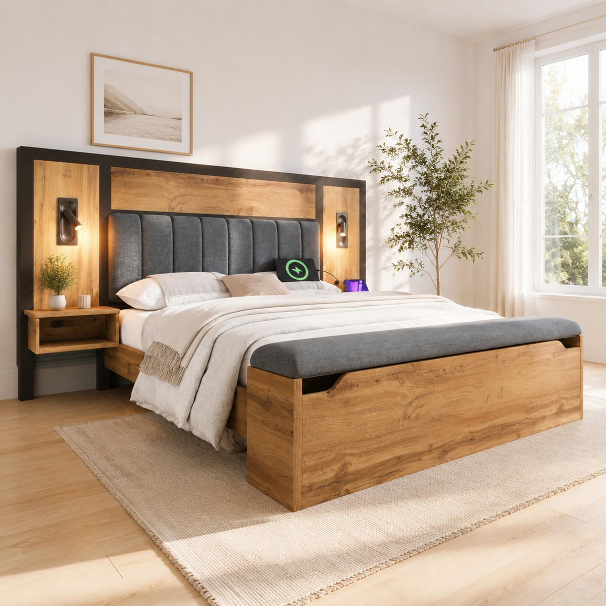 POLSTERBETT 180/200 mit Leselampen, USB-C und Stauraumbank in Eiche - Eichefarben/Grau, Holzwerkstoff/Textil (180/200cm) - EVRYAE