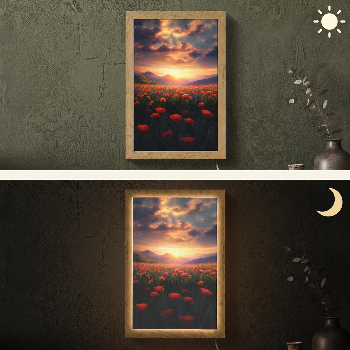 WANDLEUCHTE Landschaft - Sonnenuntergang - Blumenfeld 20x30 cm - Rot, Holzwerkstoff (20/30/8cm) - OnlyWow