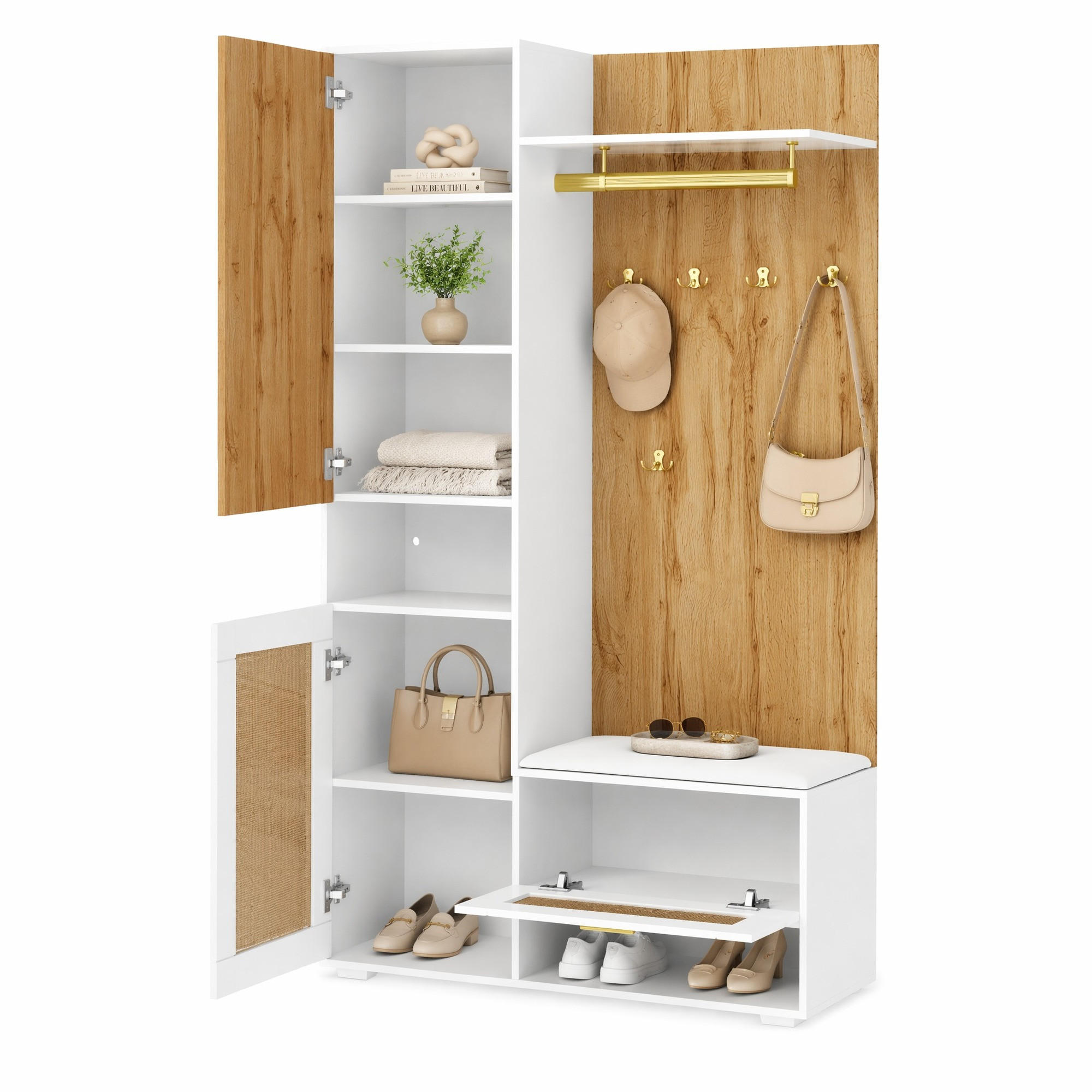 GARDEROBEN-SET in Naturfarben Kleiderschrank-Set mit Schuhschrank, Sitzbank und LED-Beleuchtung , B110/T38/H190cm - Naturfarben/Weiß, Glas/Holzwerkstoff (110/190/38cm) - STILVORA