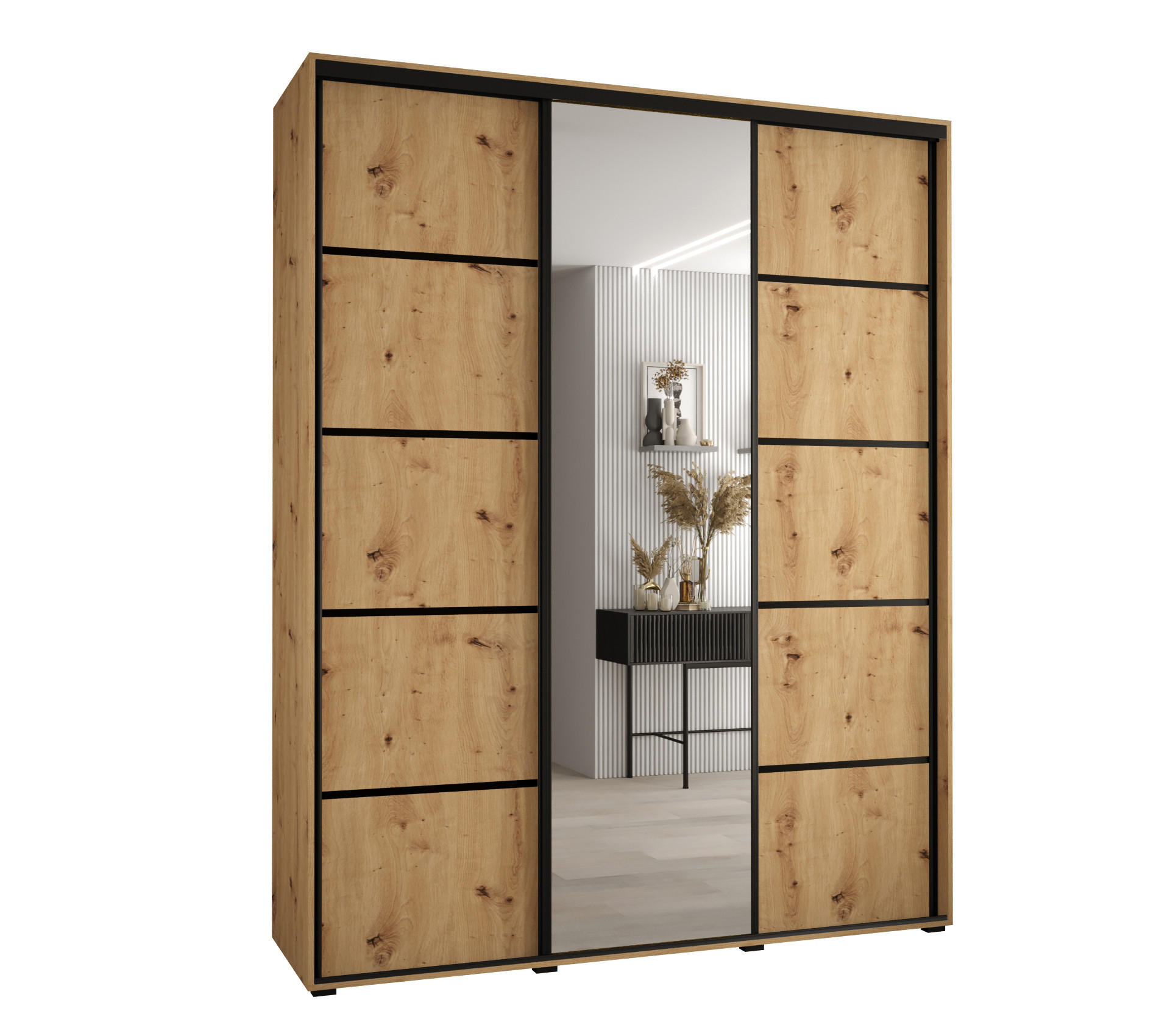 Abiks Möbel Schwebetürenschrank Eiche Artisan, Eiche Artisan, Schwarz 190x235x60 cm