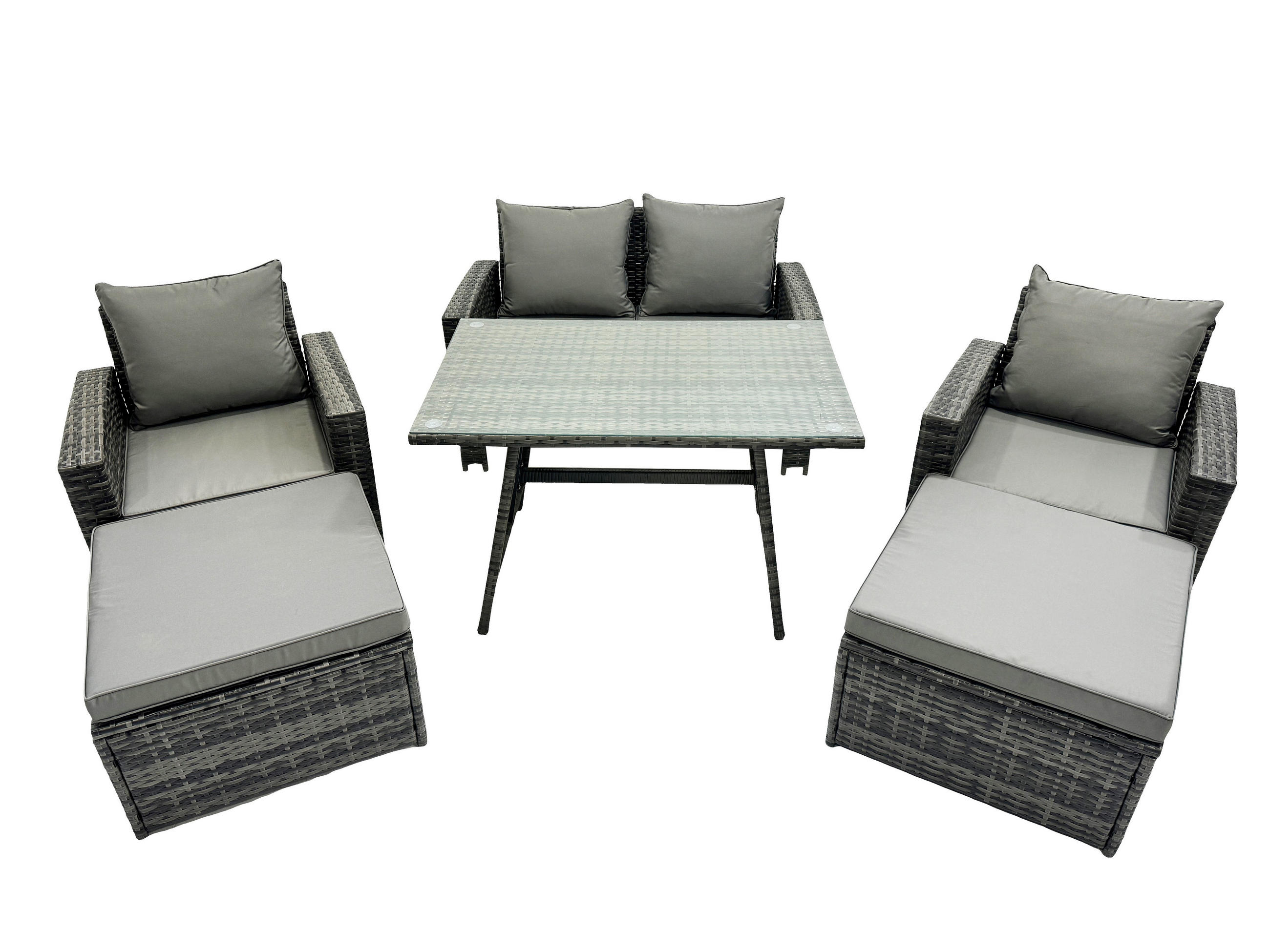 GARTENMÖBELSET mit ESSTISCH,HOCHLEHNER-SOFA Polyrattan Dunkelgrauer Mix 7-Sitzer - Dunkelgrau/Grau, Glas/Kunststoff - Fimous