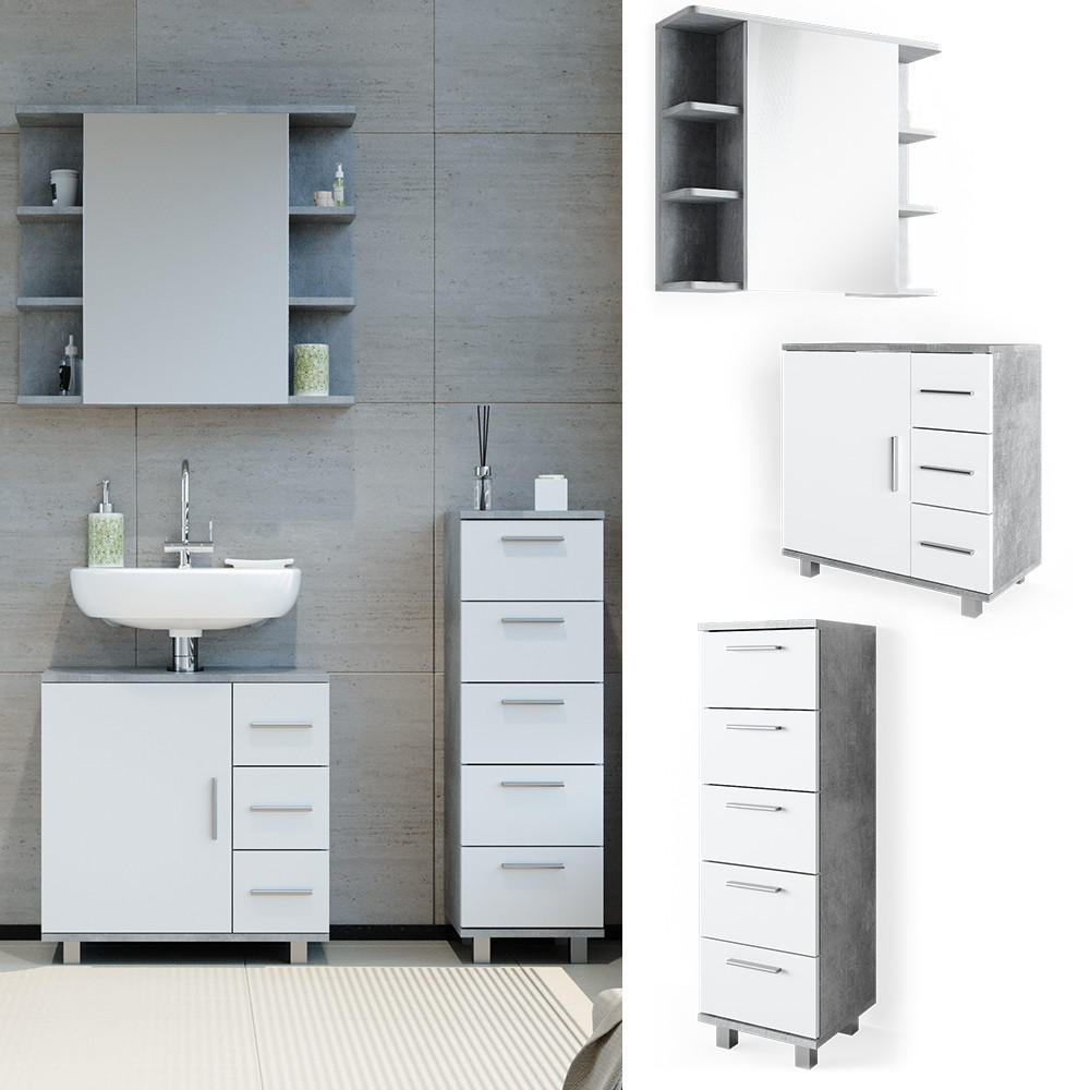 BADMÖBEL-SET Ilias Beton 3 Teile, mit Midischrank - Weiß/Grau, Holzwerkstoff (60/60.8/33cm) - Vicco