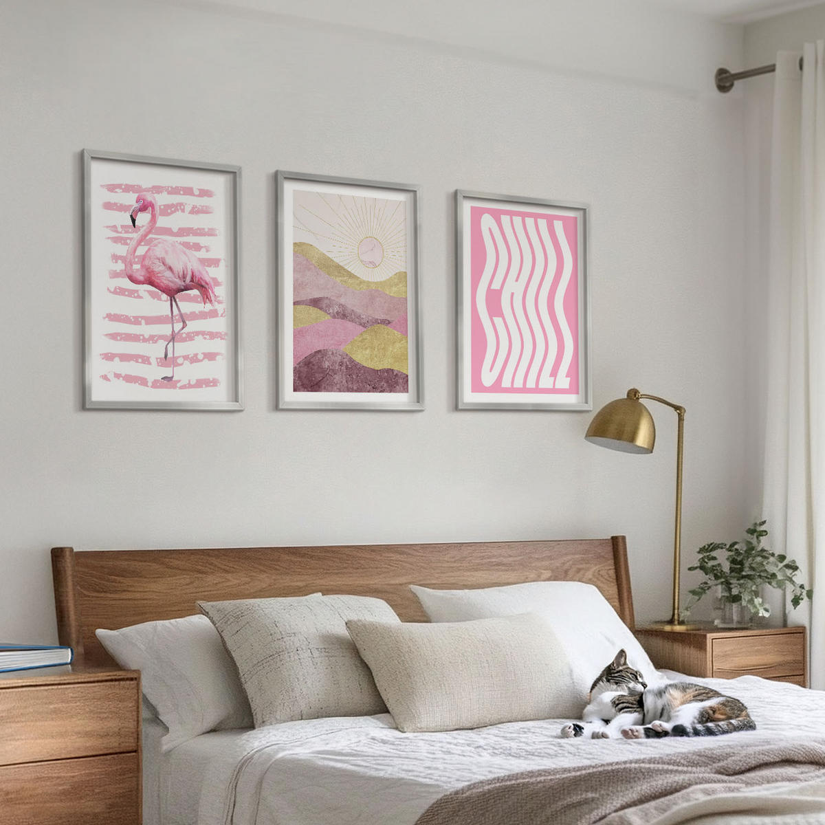 BILDER SET 3er Set - 40x60 cm Silberner Rahmen - Pastelllandschaft mit rosa Flamingos - Silberfarben, Kunststoff (40/60cm) - TULUP