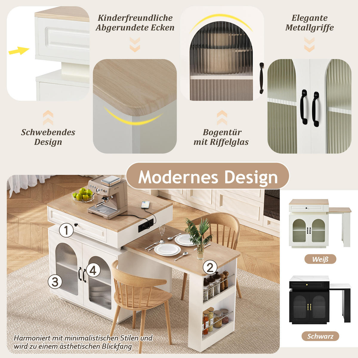 BARTISCH 128–200×71×92 cm aus MDF+Glas mit Riffelglas, LED & USB-Ladestation, weiß - Weiß, Holzwerkstoff (200/71/92cm) - Luhomfu