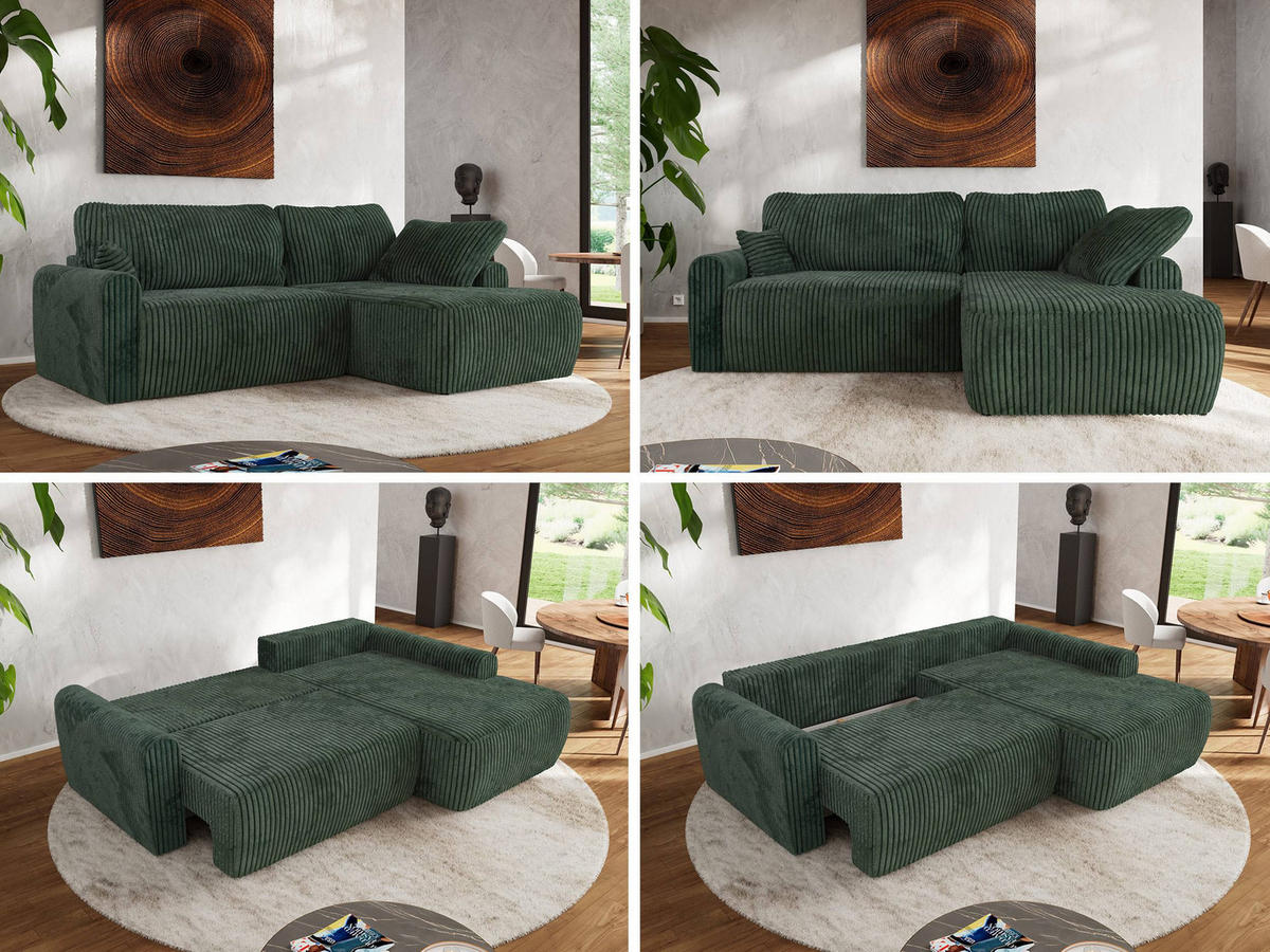 ECKSCHLAFSOFA CUBO L Grün Cord - rechts - Schwarz/Grün, Kunststoff/Textil (187/273cm) - MKS