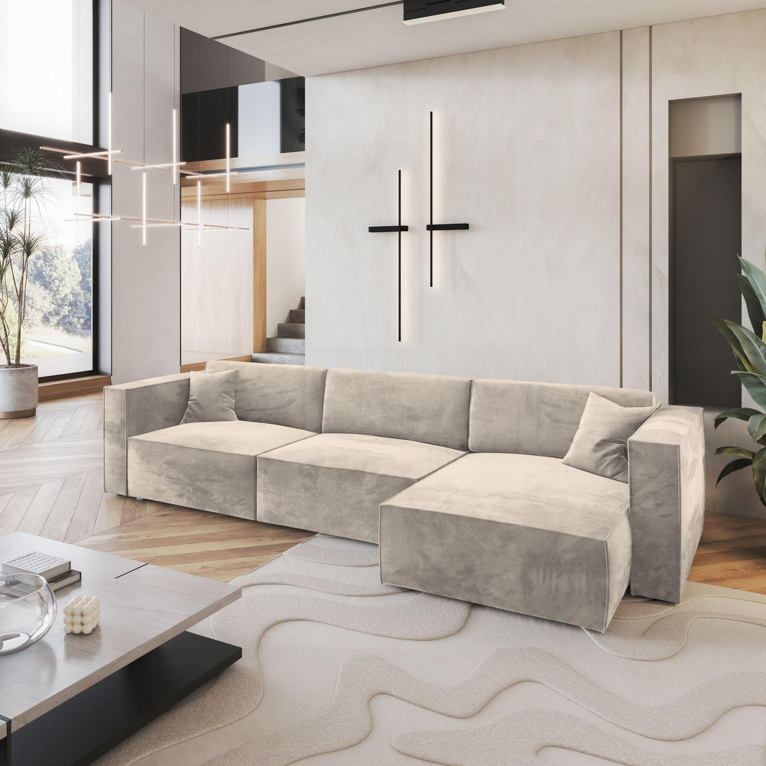 ECKSOFA TOLMO M Creme Velours-Stoff mit Schlaffunktion - Creme, Holz (347/148cm) - MASSENO