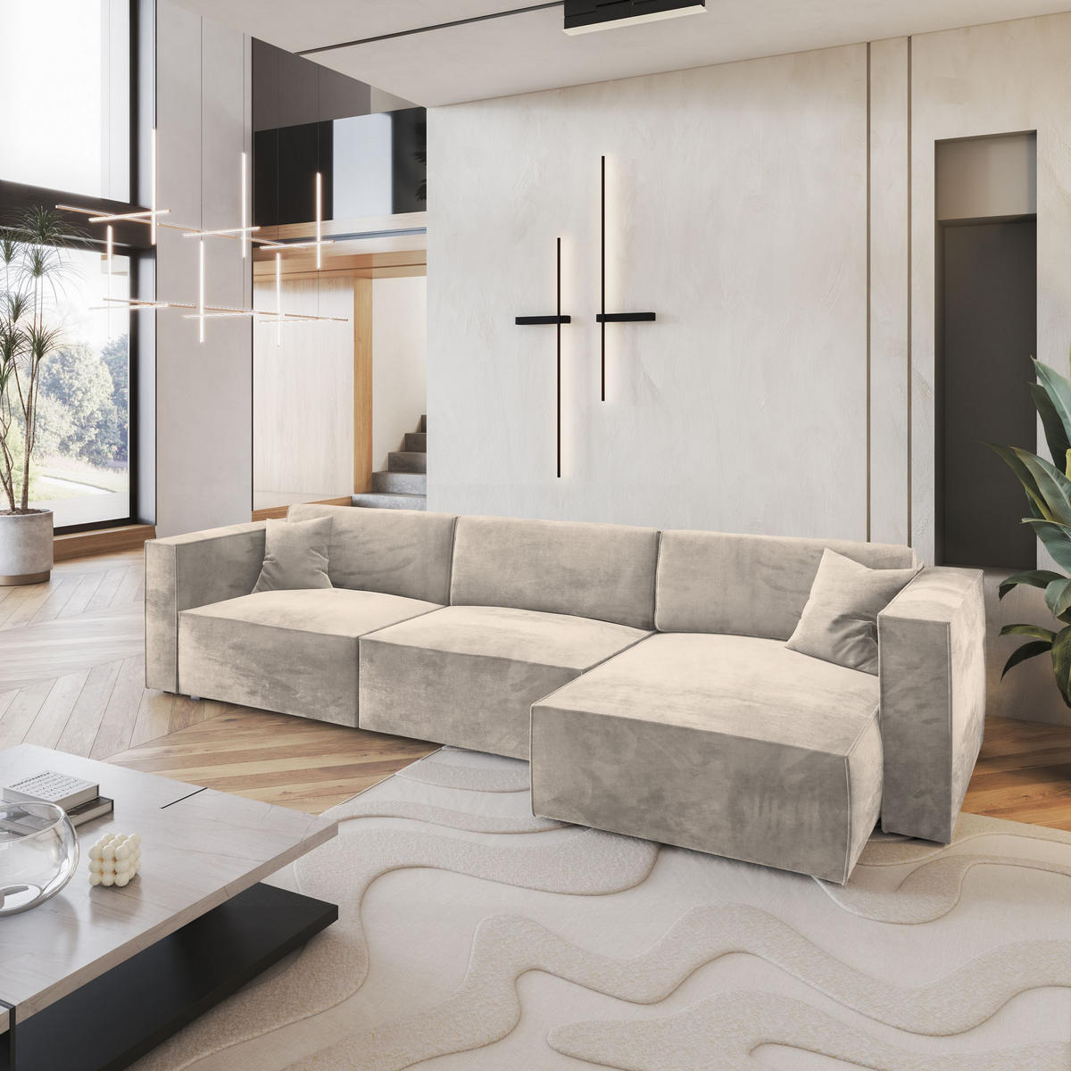 ECKSOFA TOLMO M Creme Velours-Stoff mit Schlaffunktion - Creme, Holz (347/148cm) - MASSENO