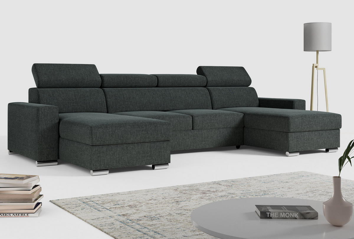 WOHNLANDSCHAFT FOX U Dunkelgrau - Velvet - Dunkelgrau/Silberfarben, Kunststoff/Textil (306/98/168cm) - MKS