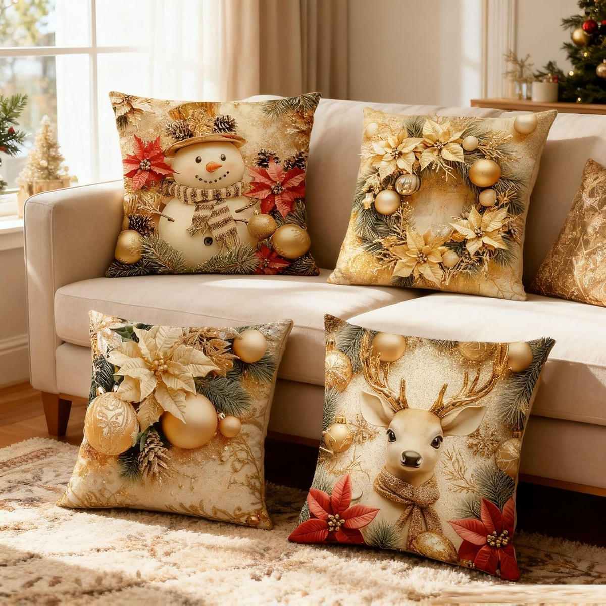 KISSENBEZUG – Weihnachtskissenbezug (Kissenfüllung nicht enthalten) – 45 x 45 cm – Multicolor(vier Stück) - Multicolor, Textil (45/45cm)