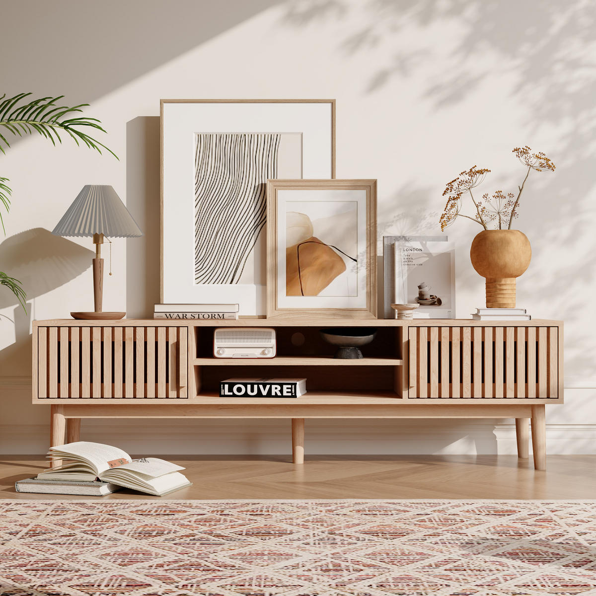 TV LOWBOARD 150x40x48 cm Ablagefächer Holz Art Deco - Naturfarben, Holz (150/48/40cm) - LEBENLANG