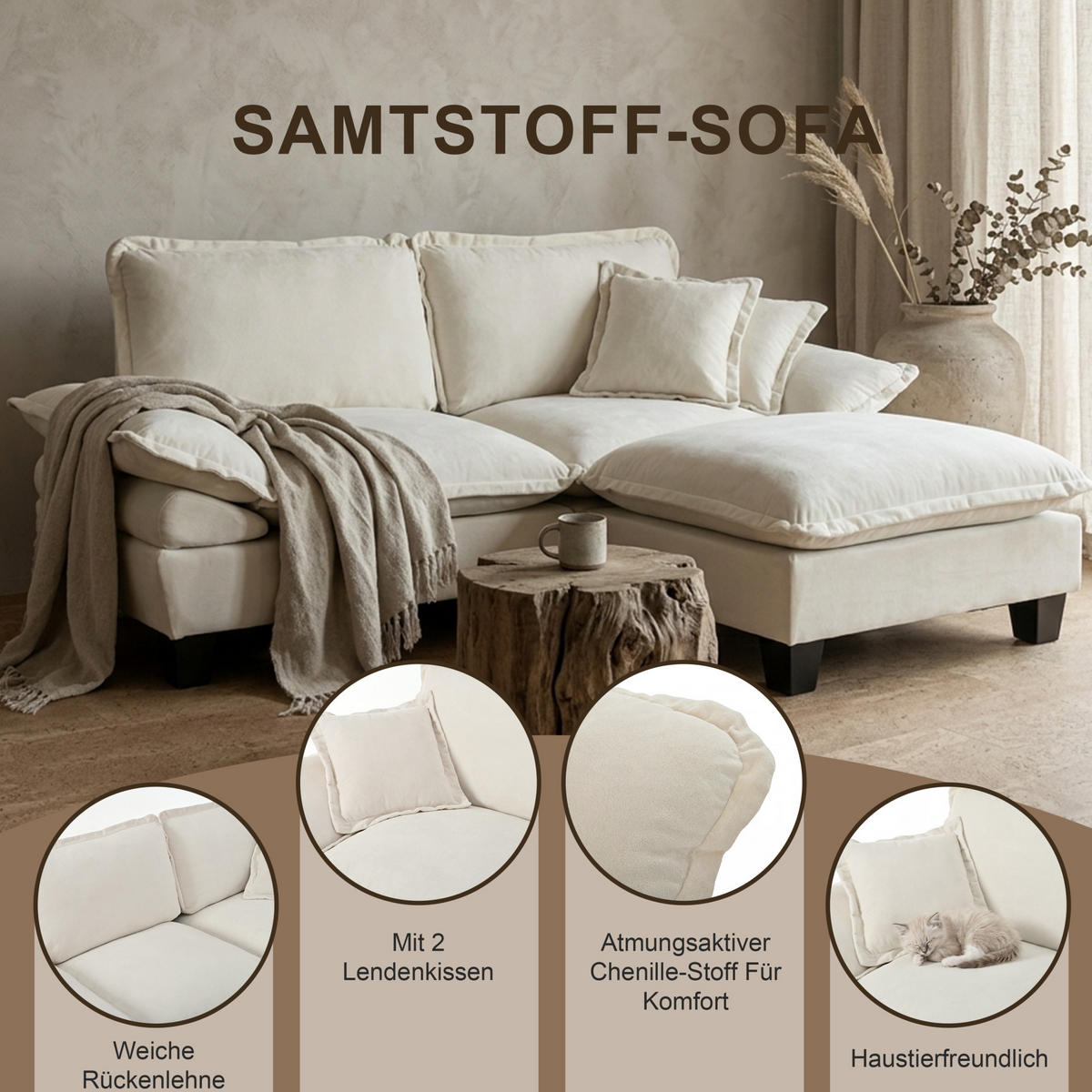 ECKSOFA 194/151/90 cm mit beweglicher Ottomane, Chenille-Bezug und 2 Kissen, Beige - Beige, Textil (194/151cm) - Redom