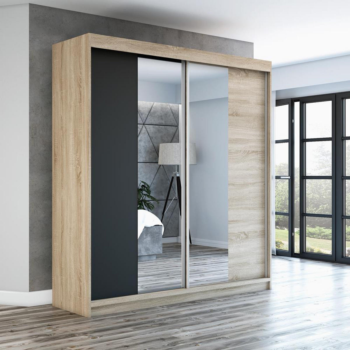 SCHWEBETÜRENSCHRANK 180 CM NEO Farbe: Sonoma / schwarz / sonoma - Schwarz/Braun, Holzwerkstoff (180/215/59.5cm) - A&J MöbelLand
