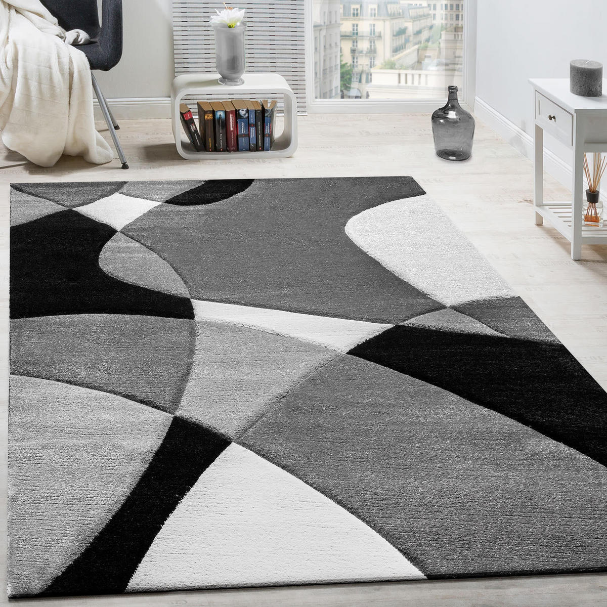 KURZFLOR-TEPPICH DIAMOND 664 SCHWARZ-WEISS 80X150 - Schwarz, Kunststoff (80/150cm) - Paco Home